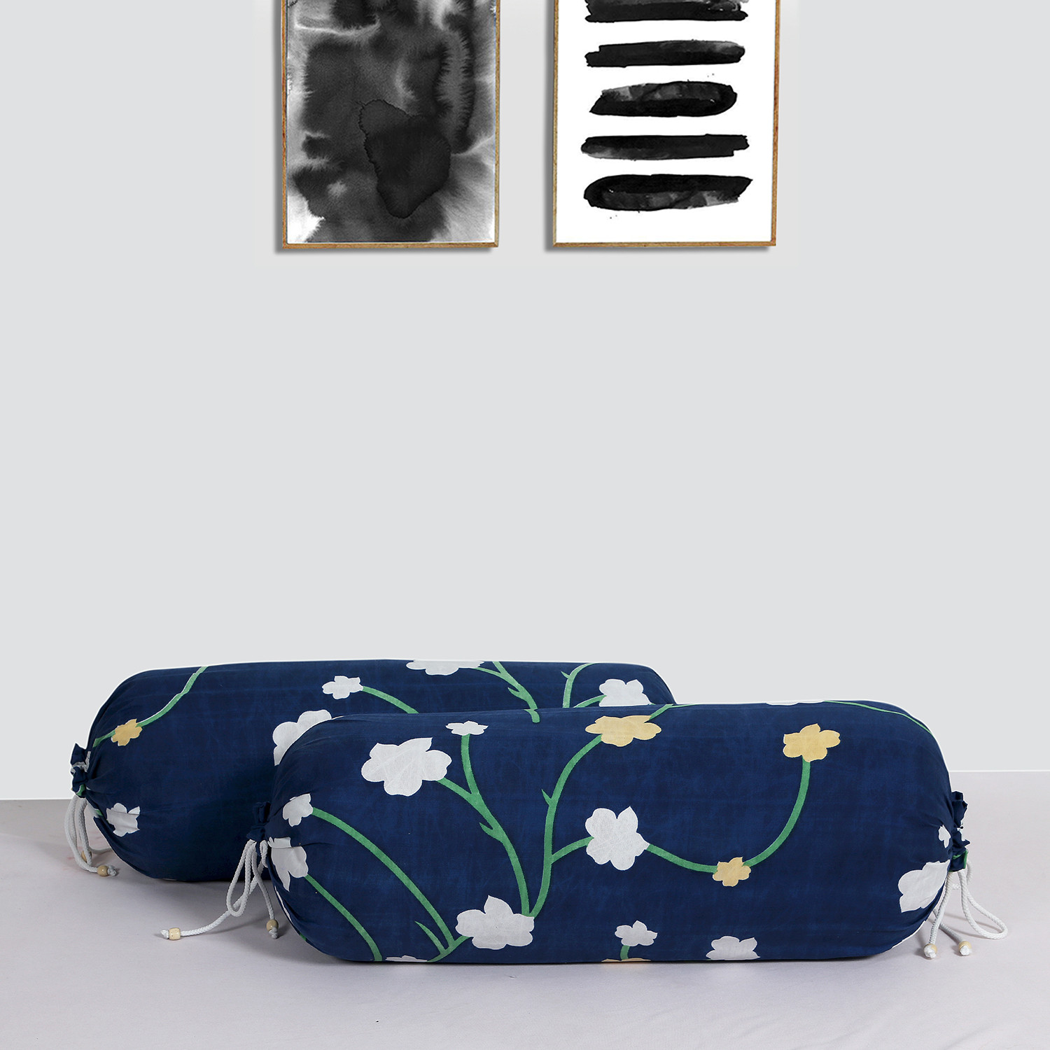 Kuber Industries Bolster Cover|Soft Cotton Bolster Cover Set|Diwan Round Bolster Pillow Covers|Luxurious Flower Print Roll Masand Cover|16x32 Inch (Blue)