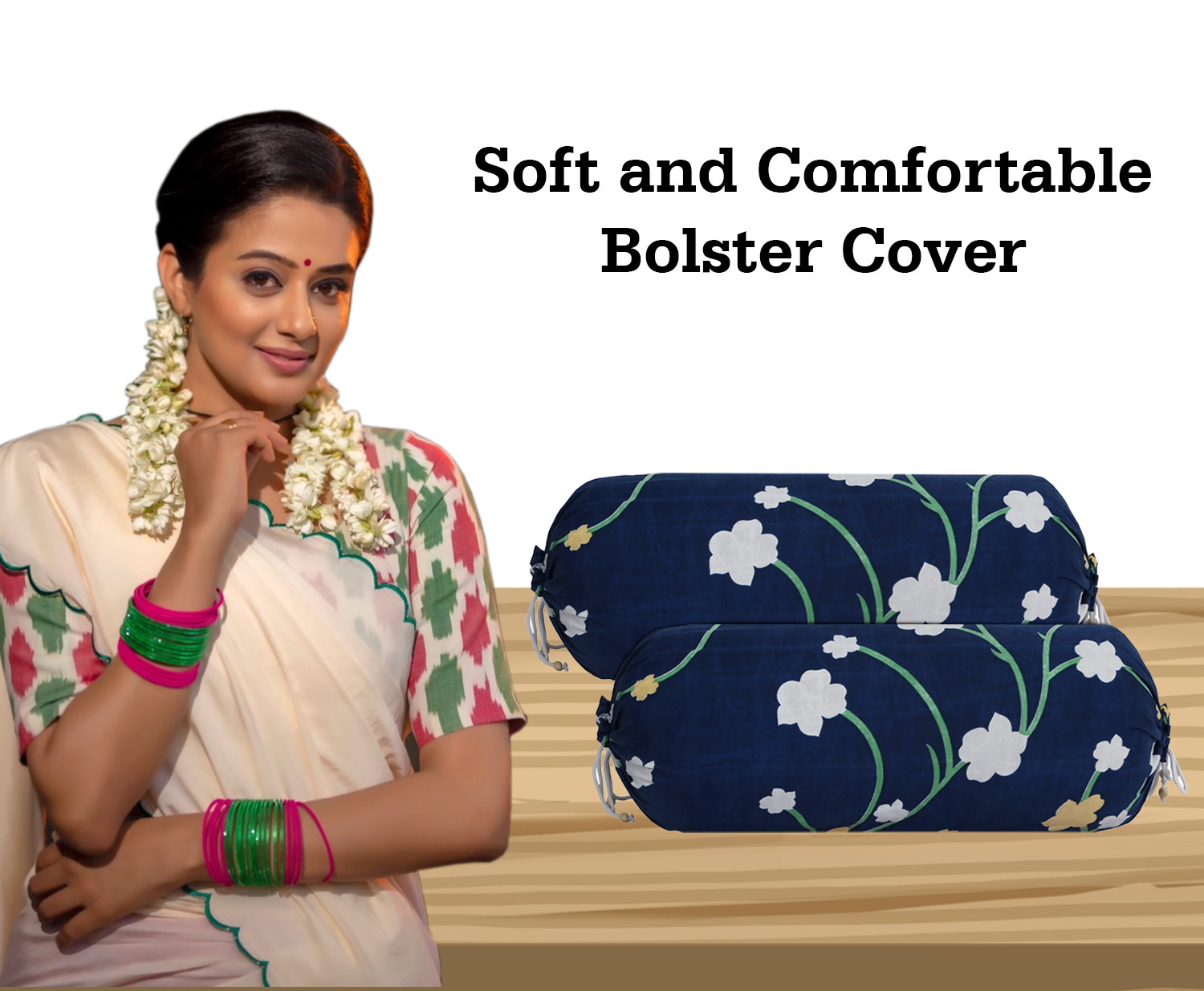Kuber Industries Bolster Cover|Soft Cotton Bolster Cover Set|Diwan Round Bolster Pillow Covers|Luxurious Flower Print Roll Masand Cover|16x32 Inch (Blue)
