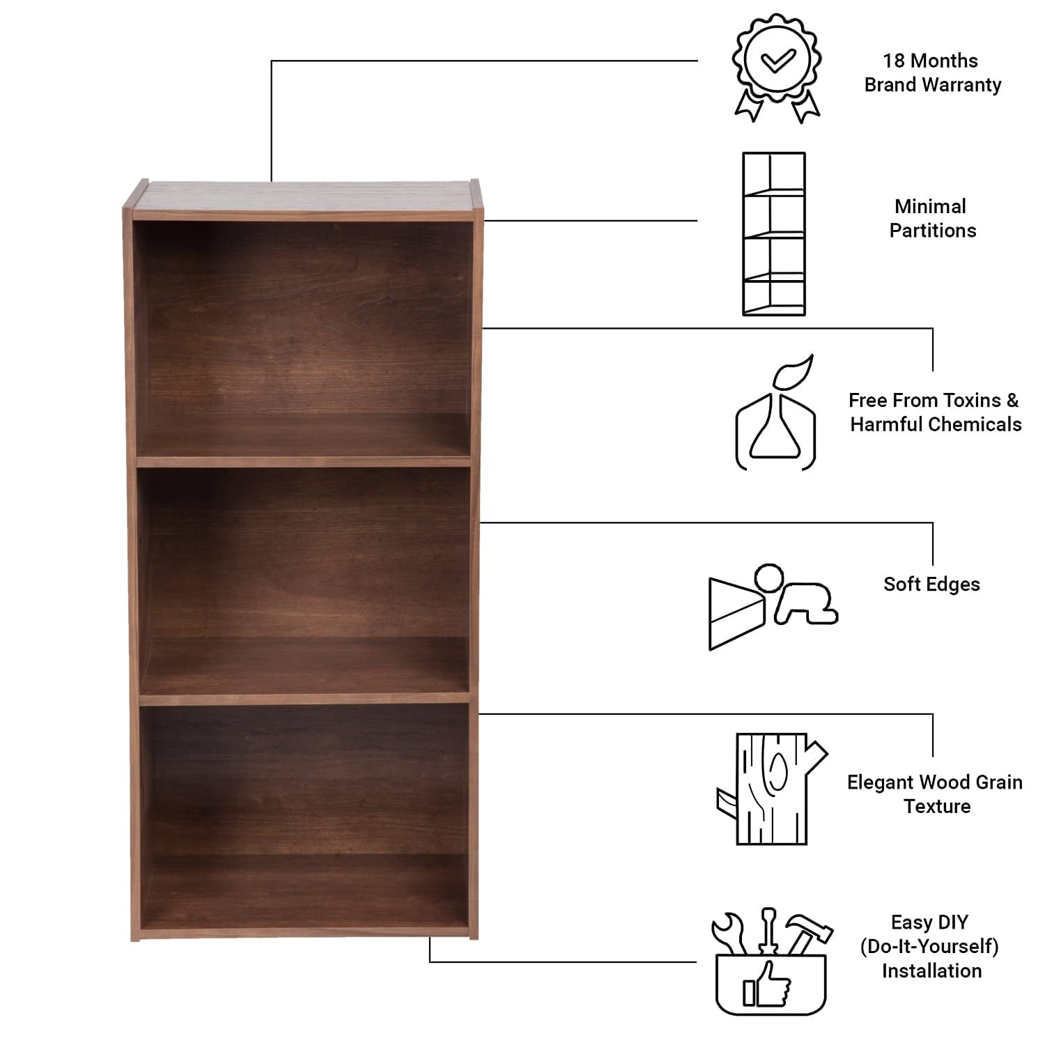 Kuber Industries Book Shelf | 3 Tier Engineered Wood Storage Shelfs | Wooden 3 Shelves Home Decor Showcase Cabinets | Storage Racks for Kitchen/Living/Study Room| 34 x 11 x 5