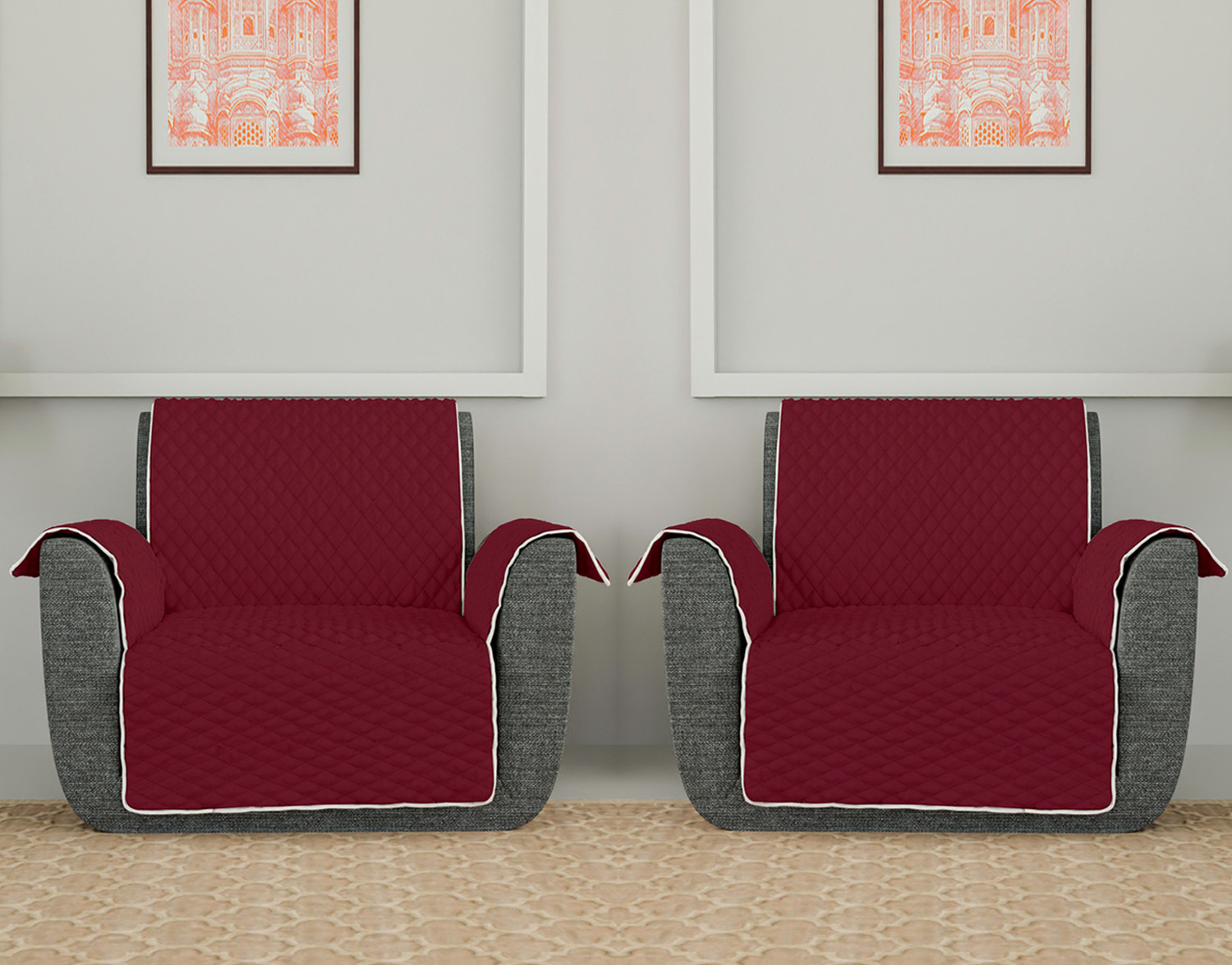 Kuber Industries Both Sided 1 Seater Sofa Cover|Polyester Check Design Couch Cover|Non-Slip Stretchy Sofa Slipcovers (Maroon & Gray)