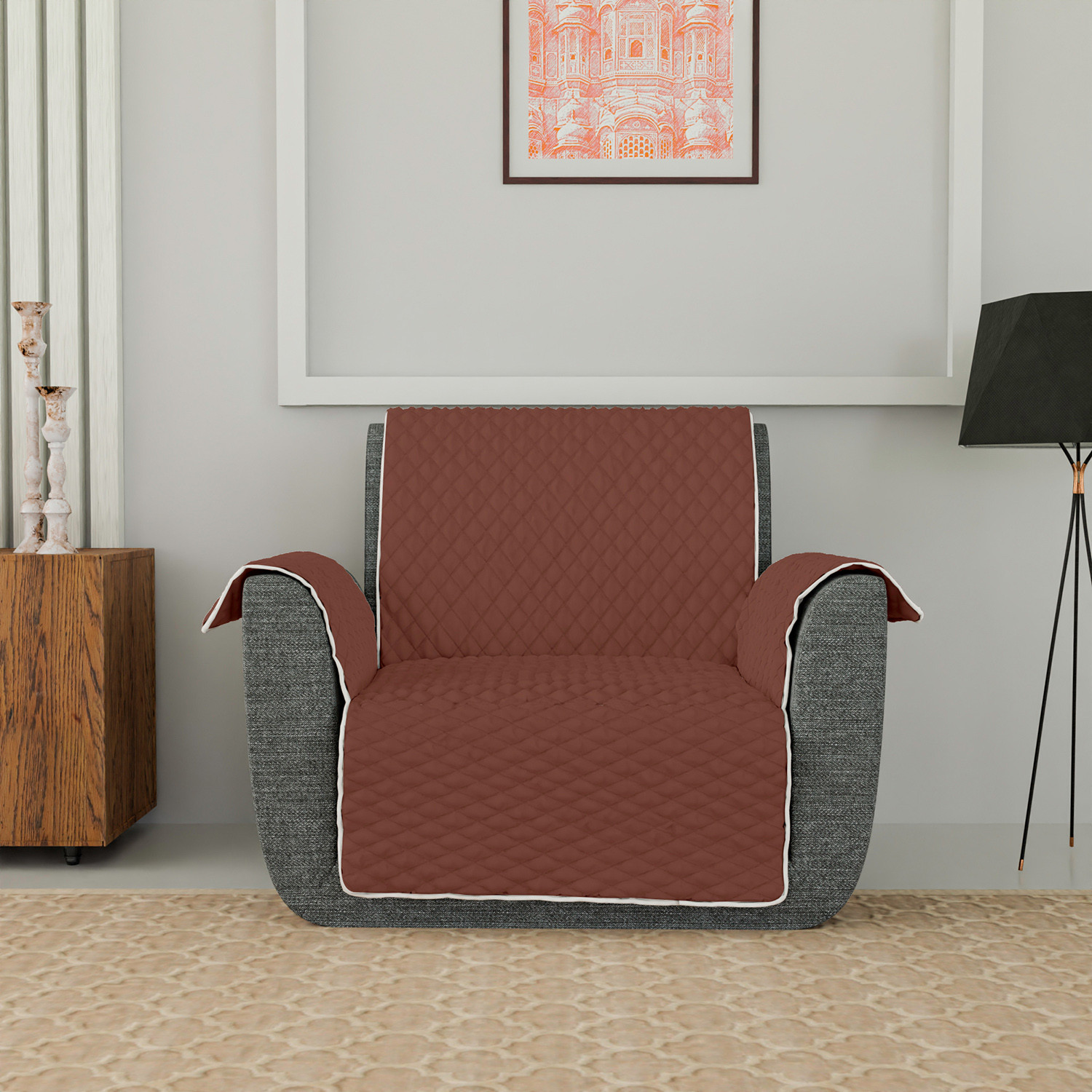 Kuber Industries Both Sided 1 Seater Sofa Cover|Polyester Check Design Couch Cover|Non-Slip Stretchy Sofa Slipcovers (Brown & Gray)