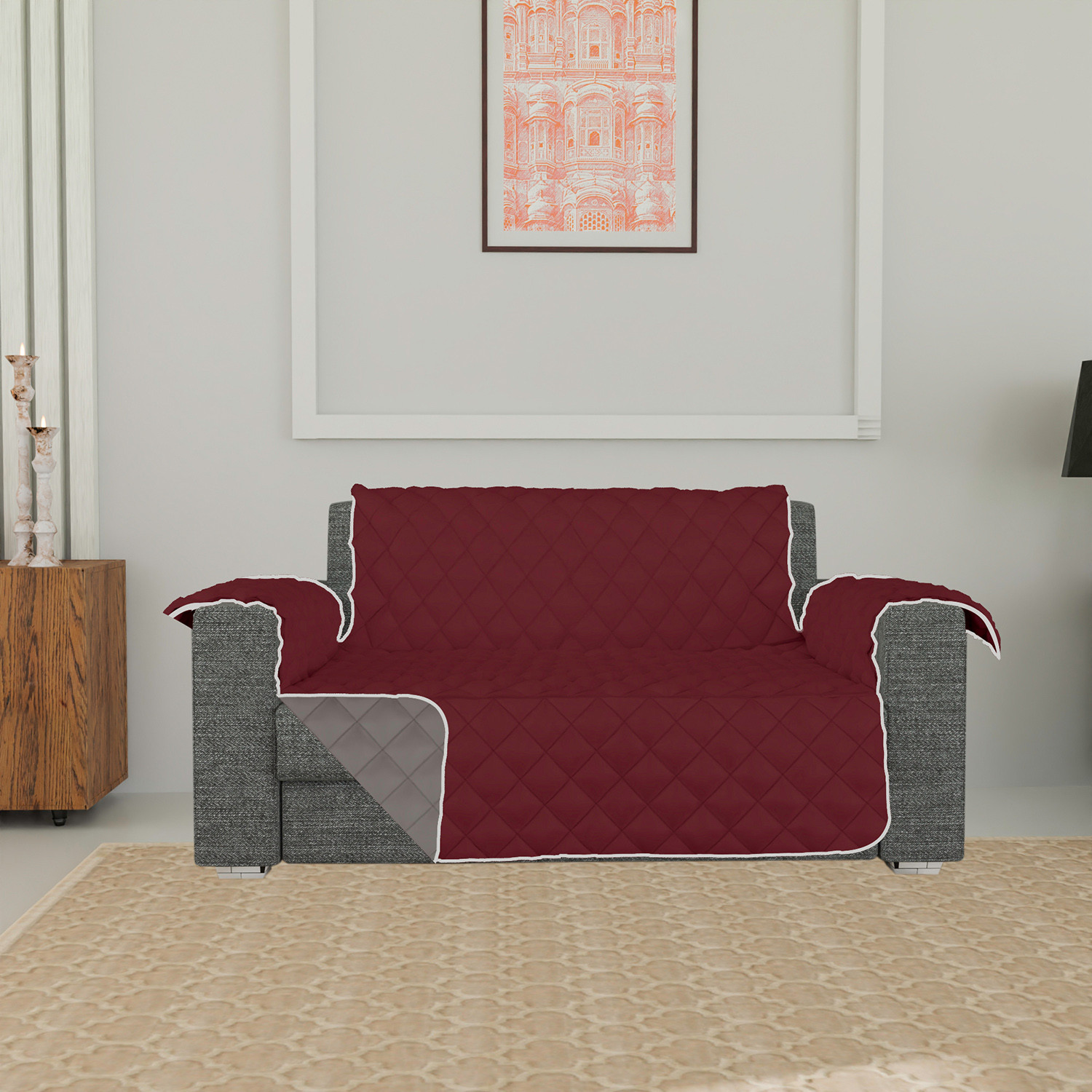 Kuber Industries Both Sided 2 Seater Sofa Cover|Polyester Check Design Couch Cover|Non-Slip Stretchy Sofa Slipcovers (Maroon & Gray)