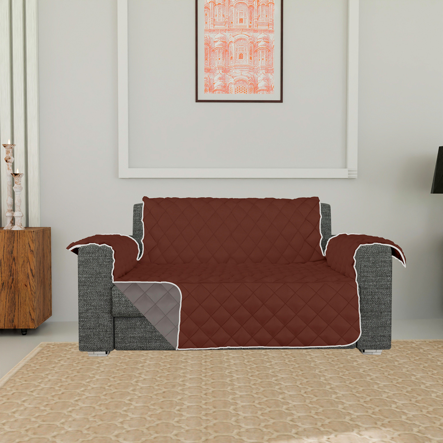 Kuber Industries Both Sided 2 Seater Sofa Cover|Polyester Check Design Couch Cover|Non-Slip Stretchy Sofa Slipcovers (Brown & Gray)