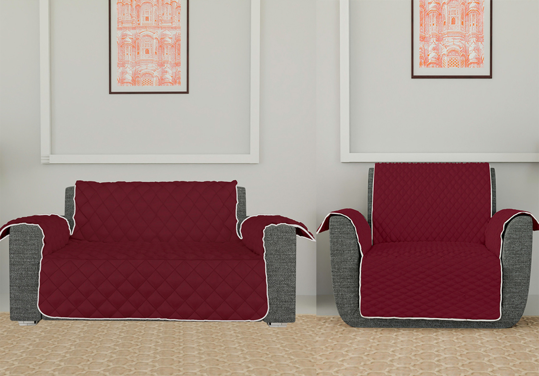 Kuber Industries Both Sided 2+1 Seater Sofa Cover|Polyester Check Design Couch Cover|Non-Slip Stretchy Sofa Slipcovers (Maroon & Gray)