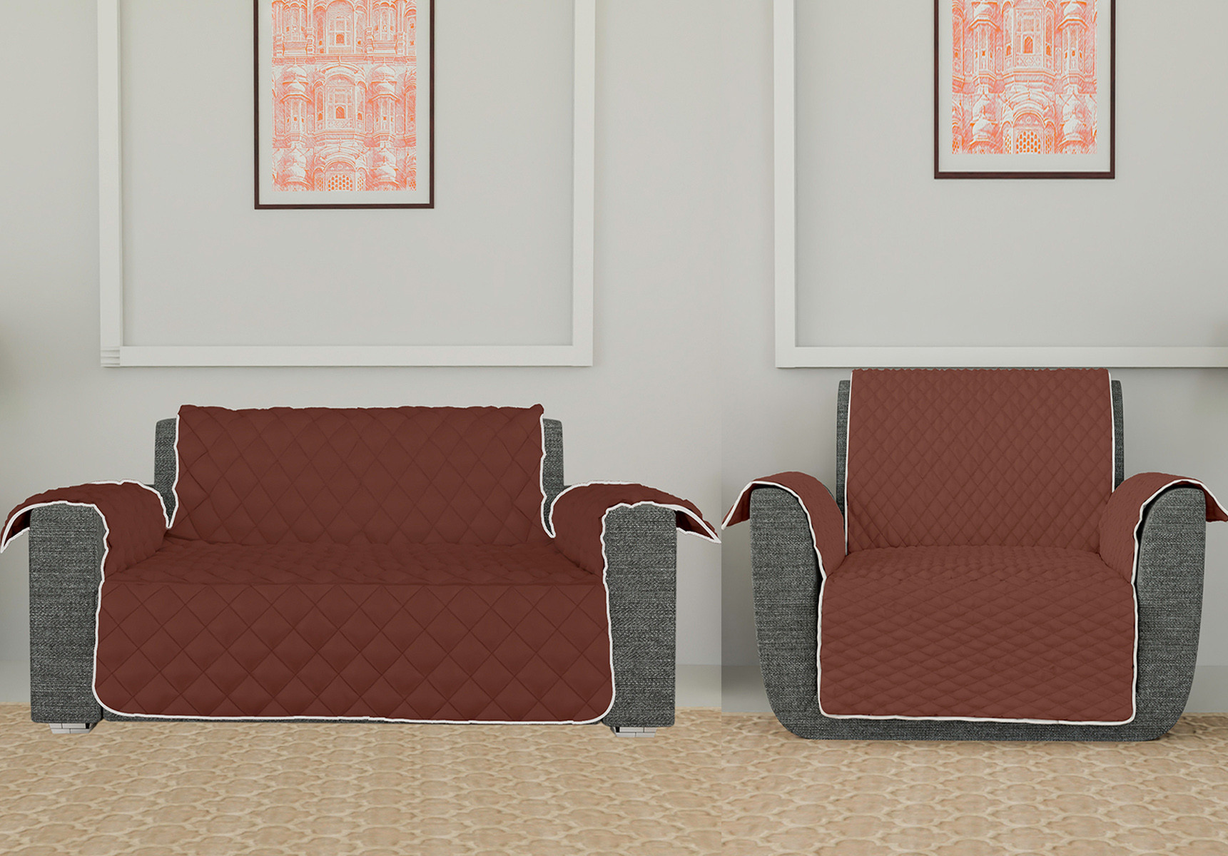 Kuber Industries Both Sided 2+1 Seater Sofa Cover|Polyester Check Design Couch Cover|Non-Slip Stretchy Sofa Slipcovers (Brown & Gray)