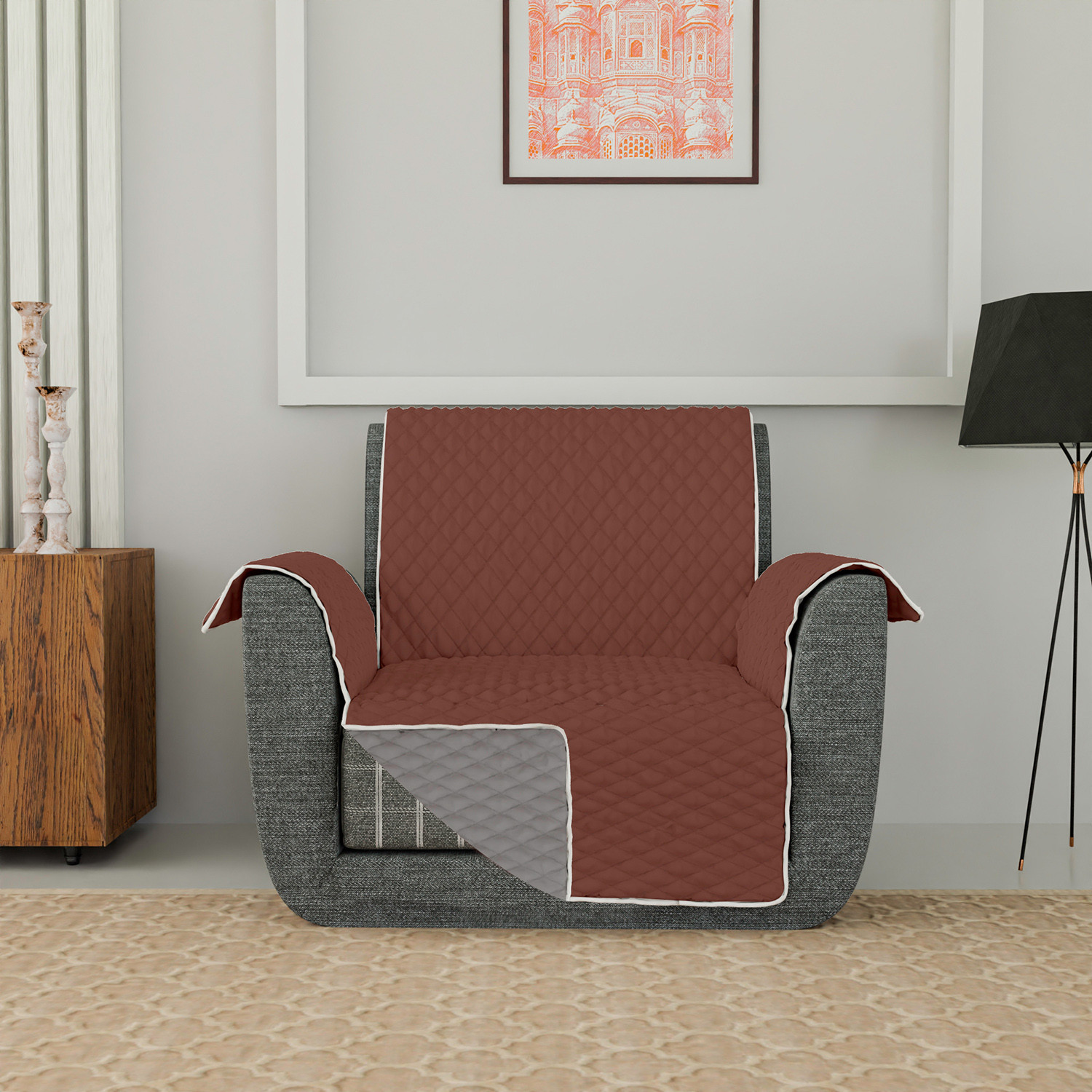 Kuber Industries Both Sided 2+1 Seater Sofa Cover|Polyester Check Design Couch Cover|Non-Slip Stretchy Sofa Slipcovers (Brown & Gray)