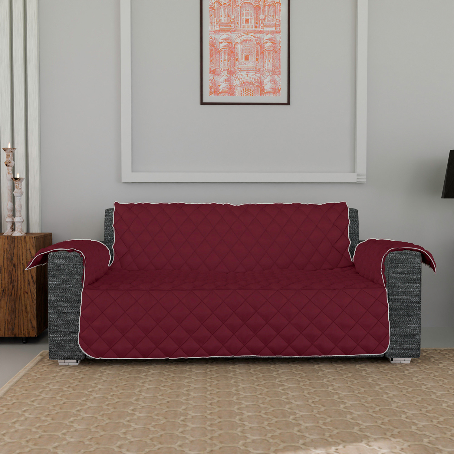 Kuber Industries Both Sided 3 Seater Sofa Cover|Polyester Check Design Couch Cover|Non-Slip Stretchy Sofa Slipcovers (Maroon & Gray)