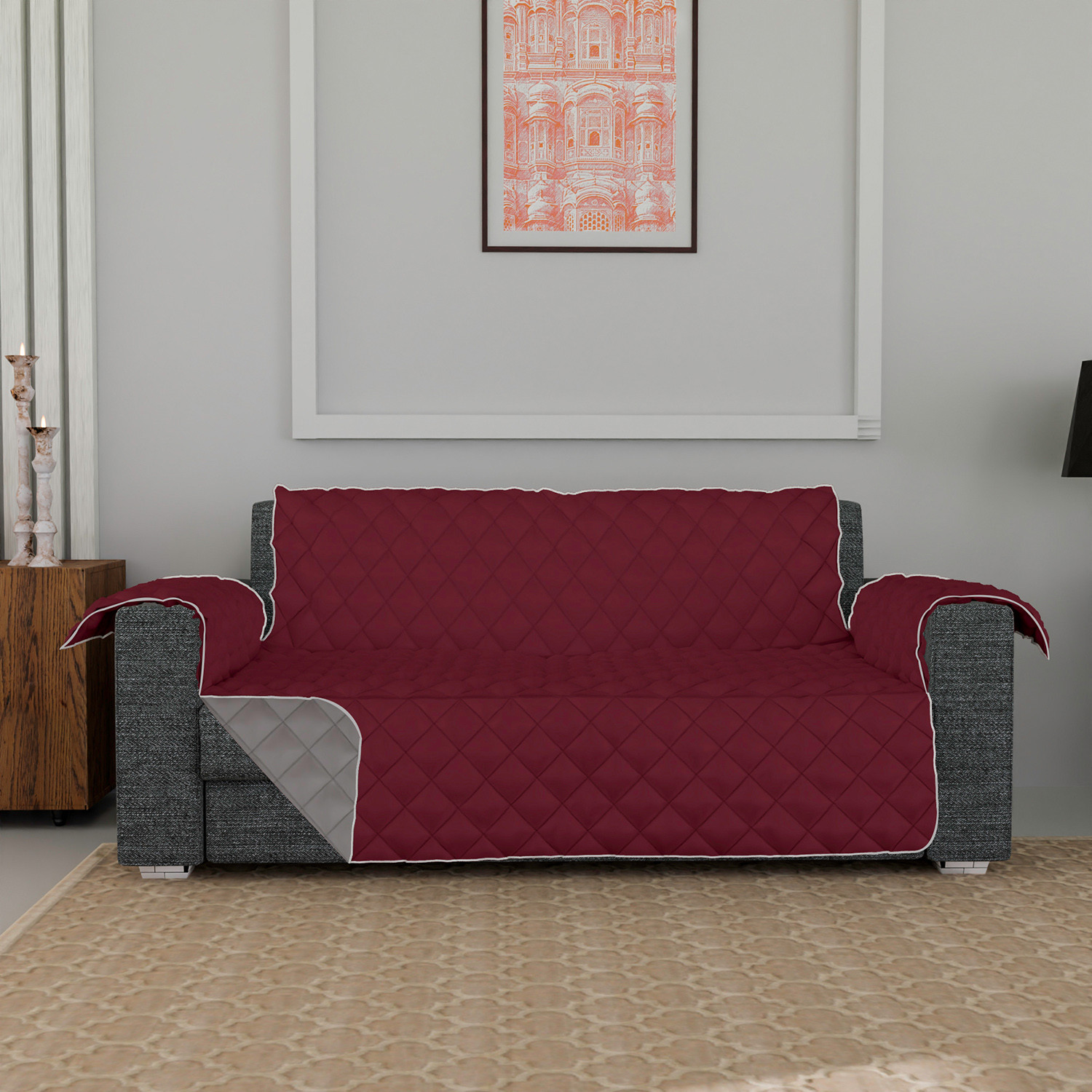 Kuber Industries Both Sided 3 Seater Sofa Cover|Polyester Check Design Couch Cover|Non-Slip Stretchy Sofa Slipcovers (Maroon & Gray)
