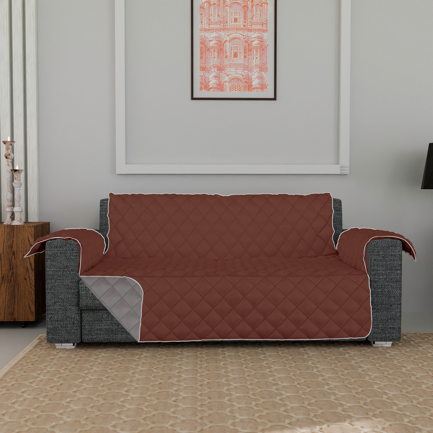 Kuber Industries Both Sided 3 Seater Sofa Cover|Polyester Check Design Couch Cover|Non-Slip Stretchy Sofa Slipcovers (Brown & Gray)