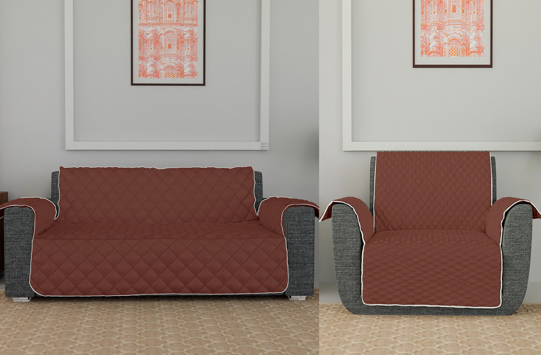 Kuber Industries Both Sided 3+1 Seater Sofa Cover|Polyester Check Design Couch Cover|Non-Slip Stretchy Sofa Slipcovers (Brown & Gray)