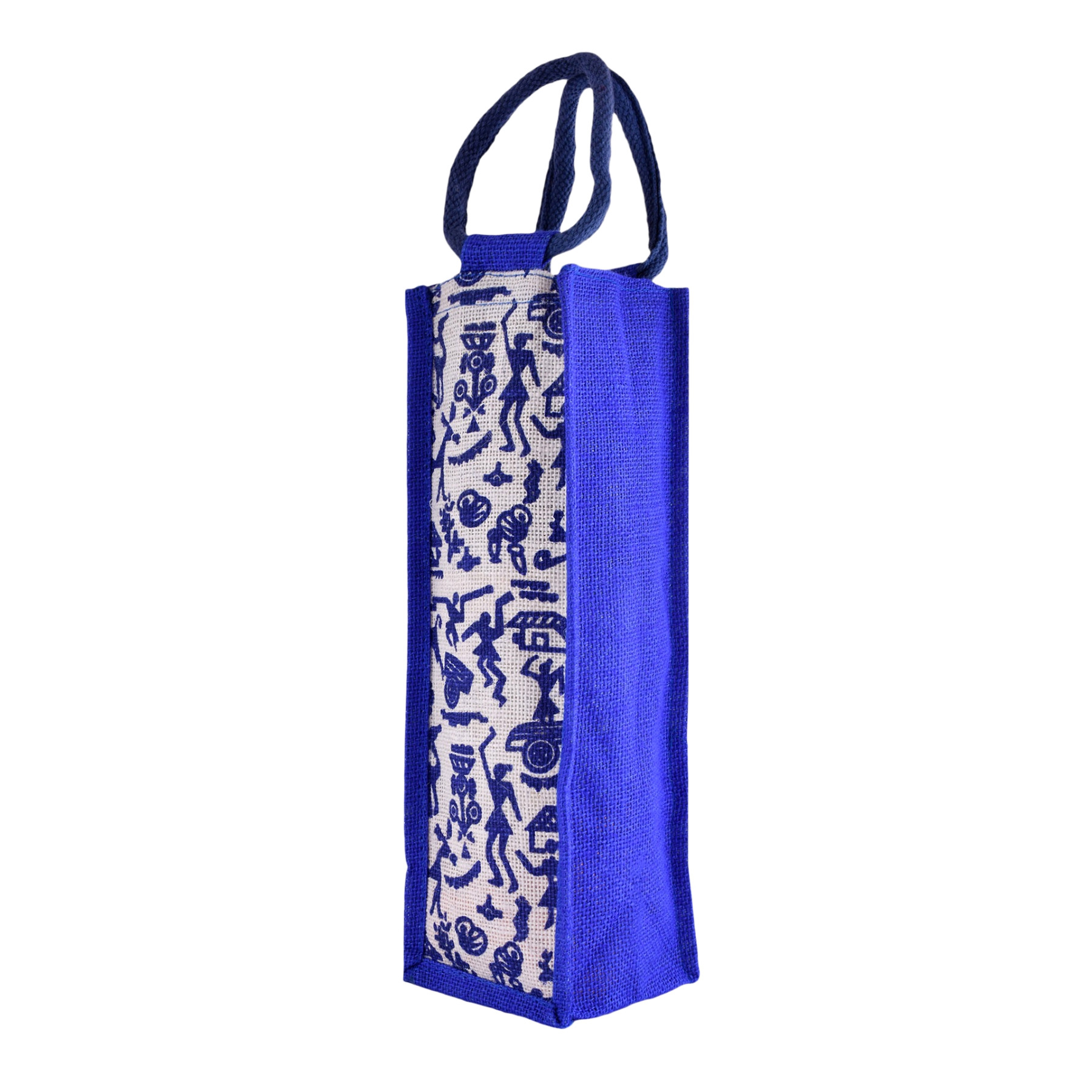 Kuber Industries Bottle Bag  Jute Carry Bag  Water Bottle Cover  Wine Bottle Bag  Reusable Bottle Bag with Handle  Bottle Bag for Office  Warli-Print Gift Bag  Blue