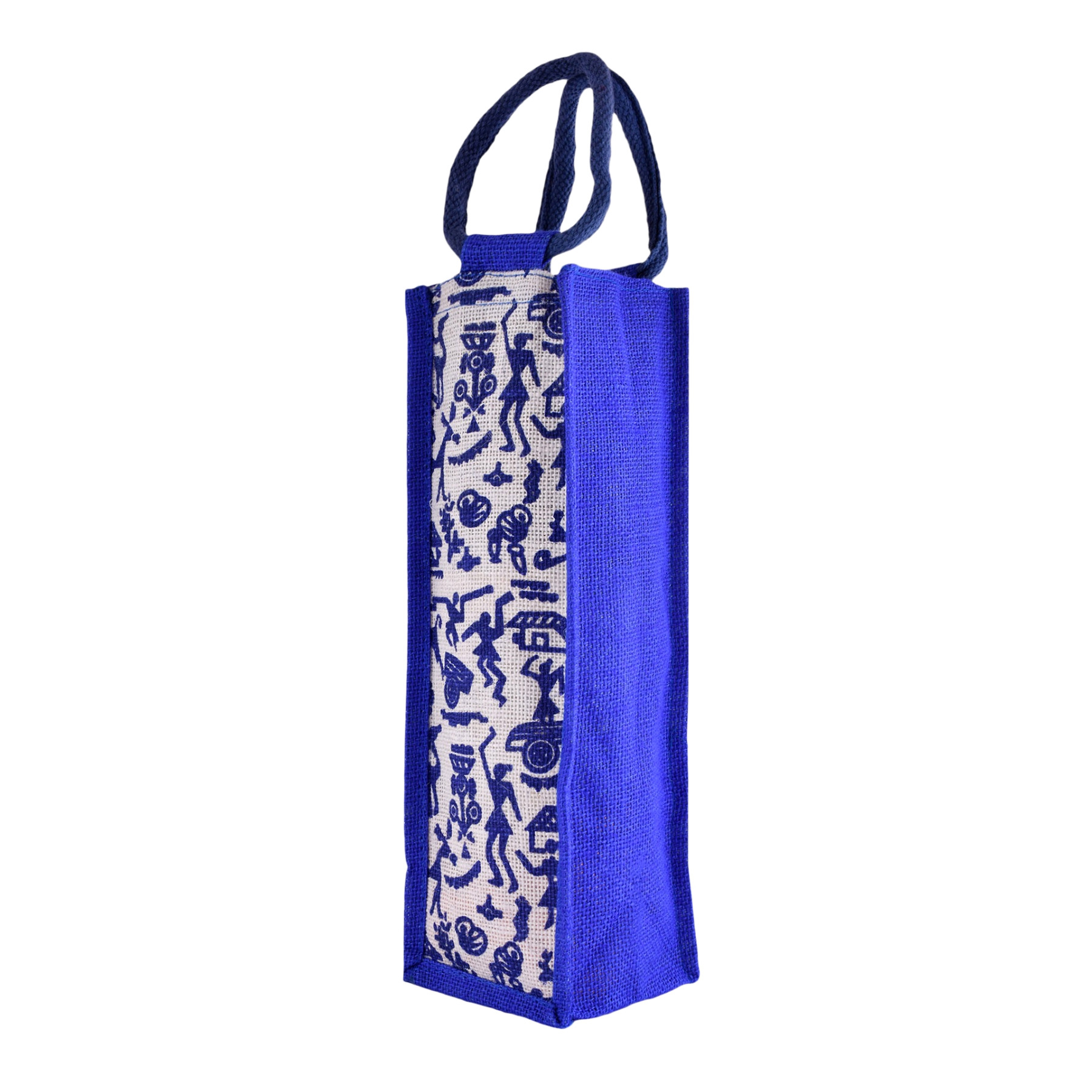 Kuber Industries Bottle Bag | Jute Carry Bag | Water Bottle Cover | Wine Bottle Bag | Reusable Bottle Bag with Handle | Bottle Bag for Office | Warli-Print Gift Bag | Blue