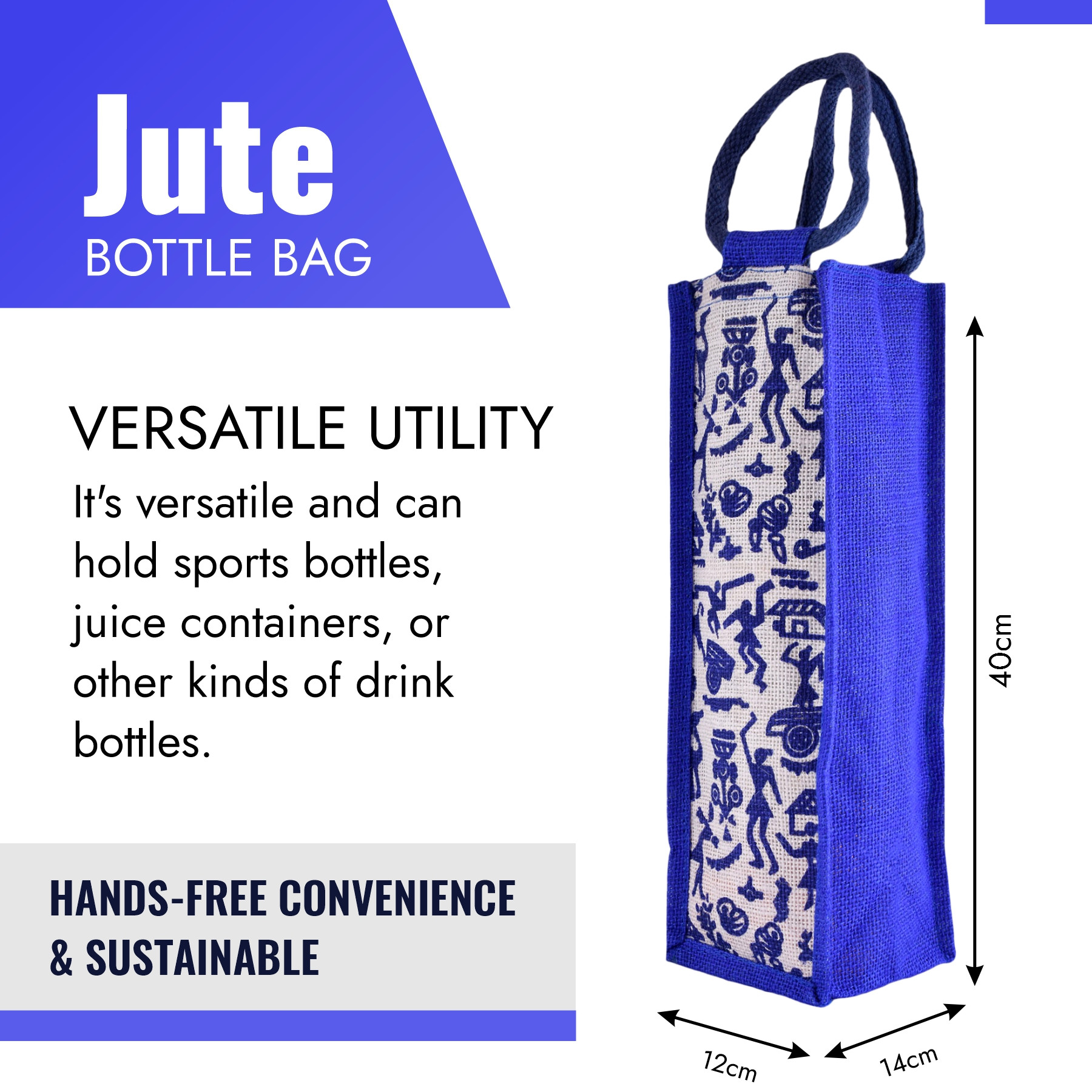 Kuber Industries Bottle Bag | Jute Carry Bag | Water Bottle Cover | Wine Bottle Bag | Reusable Bottle Bag with Handle | Bottle Bag for Office | Warli-Print Gift Bag | Blue