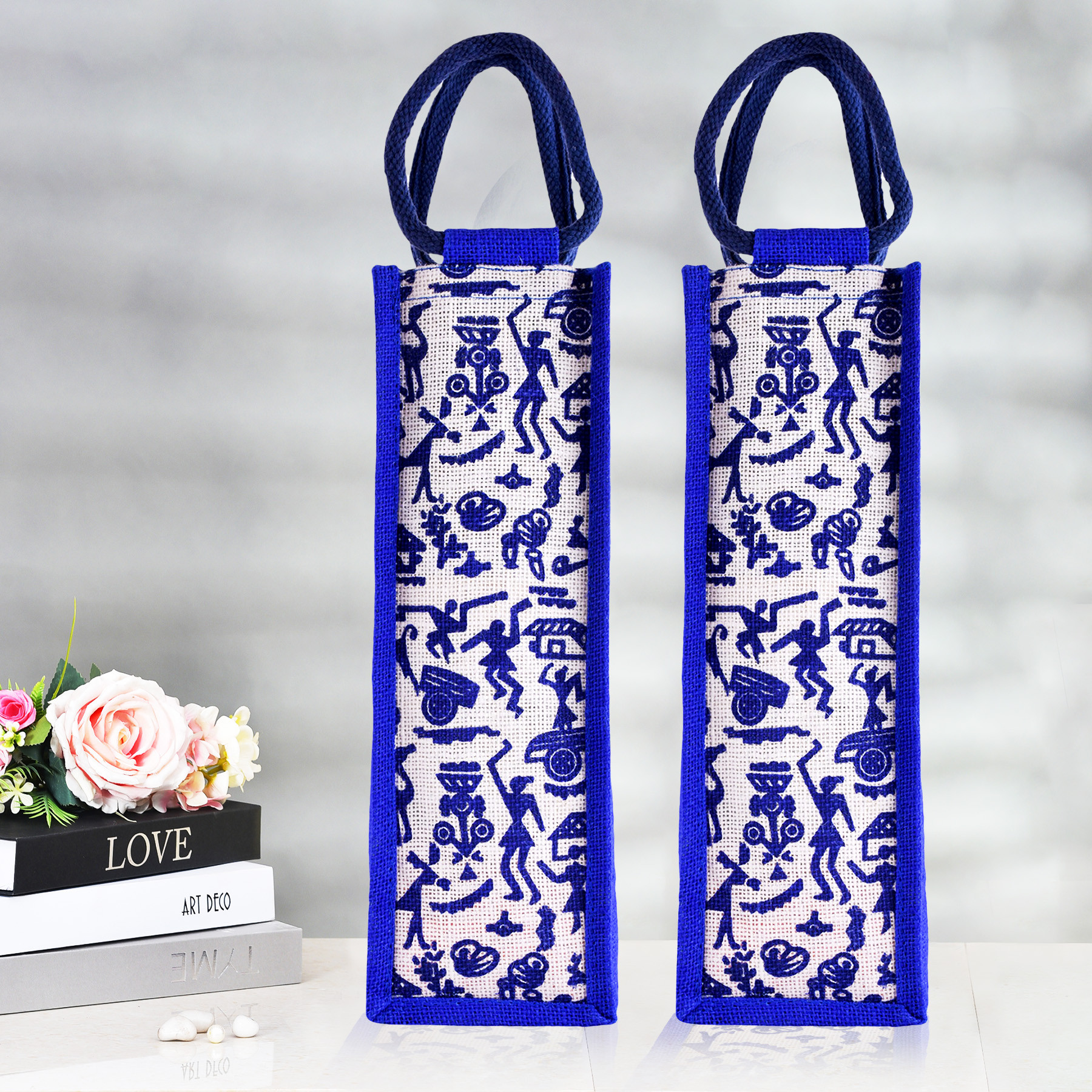 Kuber Industries Bottle Bag | Jute Carry Bag | Water Bottle Cover | Wine Bottle Bag | Reusable Bottle Bag with Handle | Bottle Bag for Office | Warli-Print Gift Bag | Blue