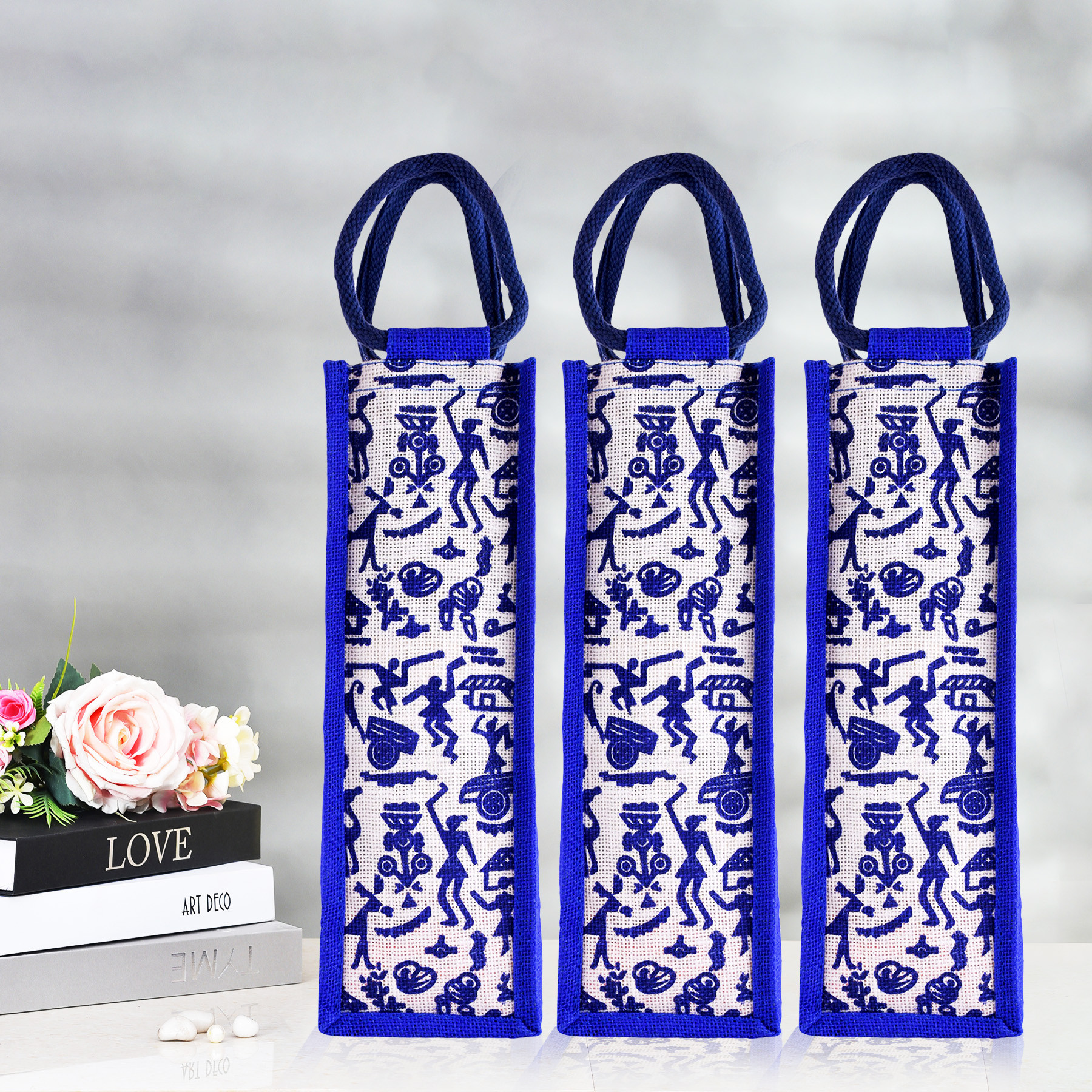 Kuber Industries Bottle Bag | Jute Carry Bag | Water Bottle Cover | Wine Bottle Bag | Reusable Bottle Bag with Handle | Bottle Bag for Office | Warli-Print Gift Bag | Blue