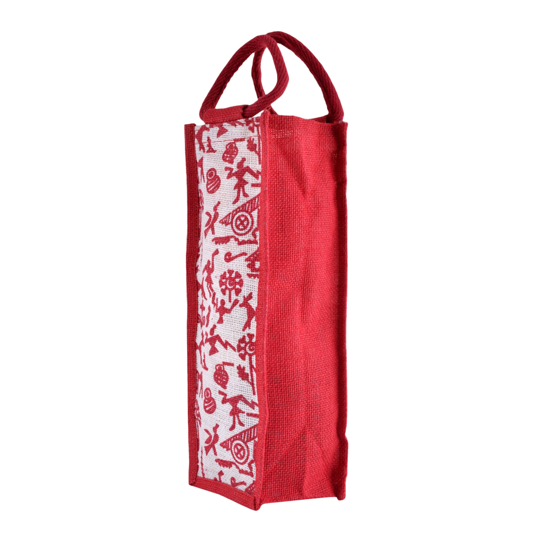 Kuber Industries Bottle Bag | Jute Carry Bag | Water Bottle Cover | Wine Bottle Bag | Reusable Bottle Bag with Handle | Bottle Bag for Office | Warli-Print Gift Bag | Red