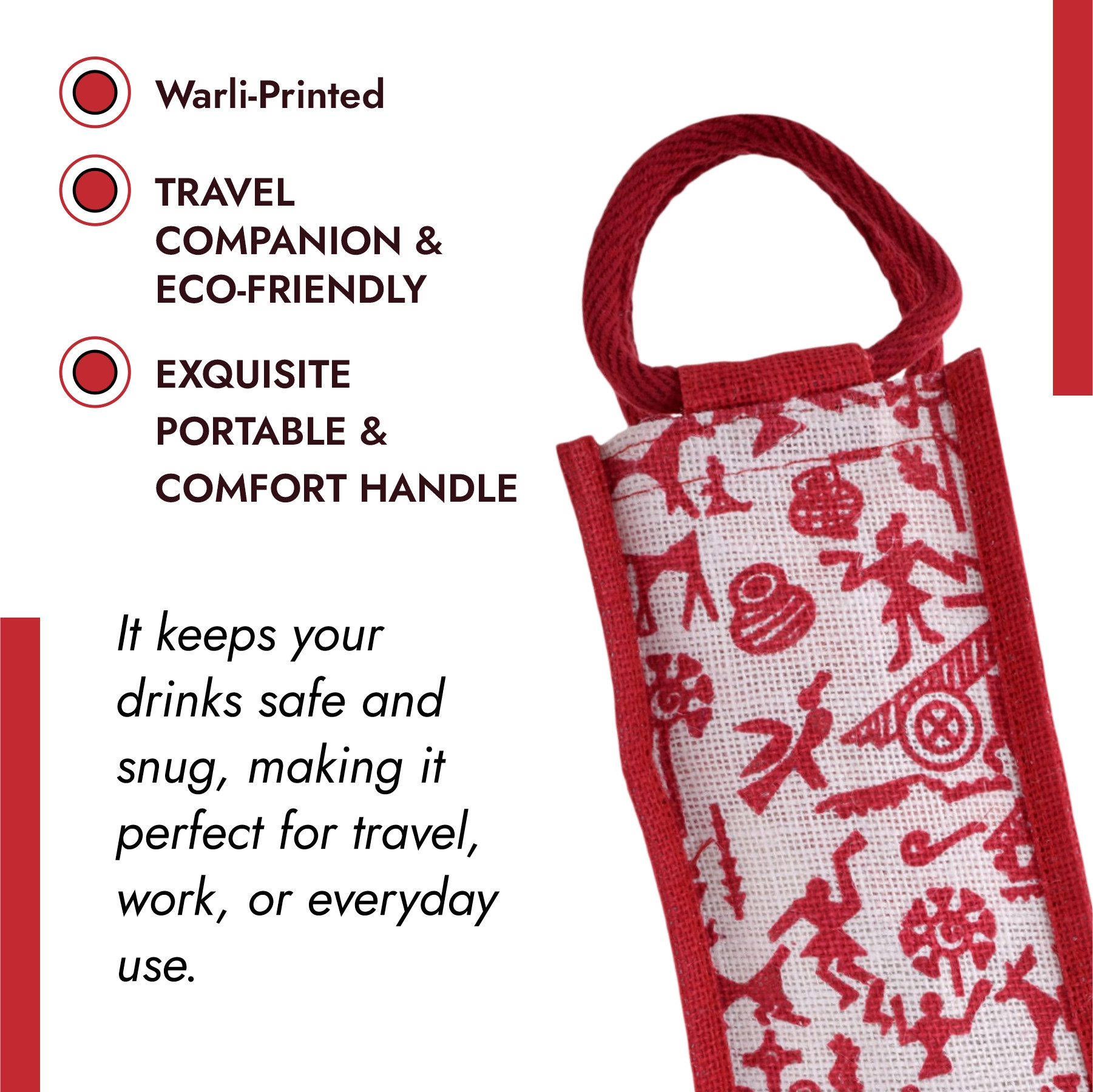 Kuber Industries Bottle Bag | Jute Carry Bag | Water Bottle Cover | Wine Bottle Bag | Reusable Bottle Bag with Handle | Bottle Bag for Office | Warli-Print Gift Bag | Red