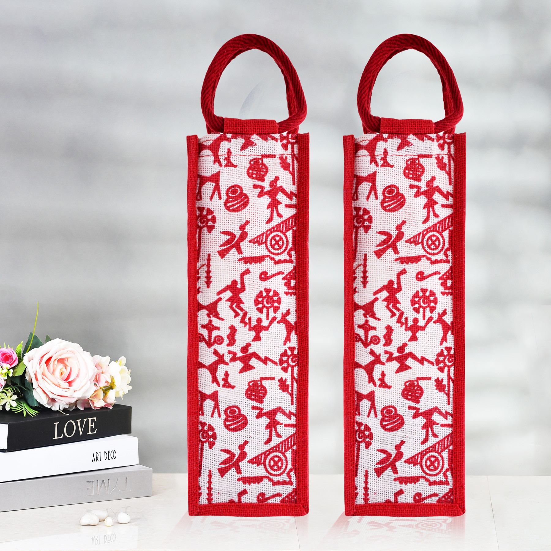 Kuber Industries Bottle Bag | Jute Carry Bag | Water Bottle Cover | Wine Bottle Bag | Reusable Bottle Bag with Handle | Bottle Bag for Office | Warli-Print Gift Bag | Red