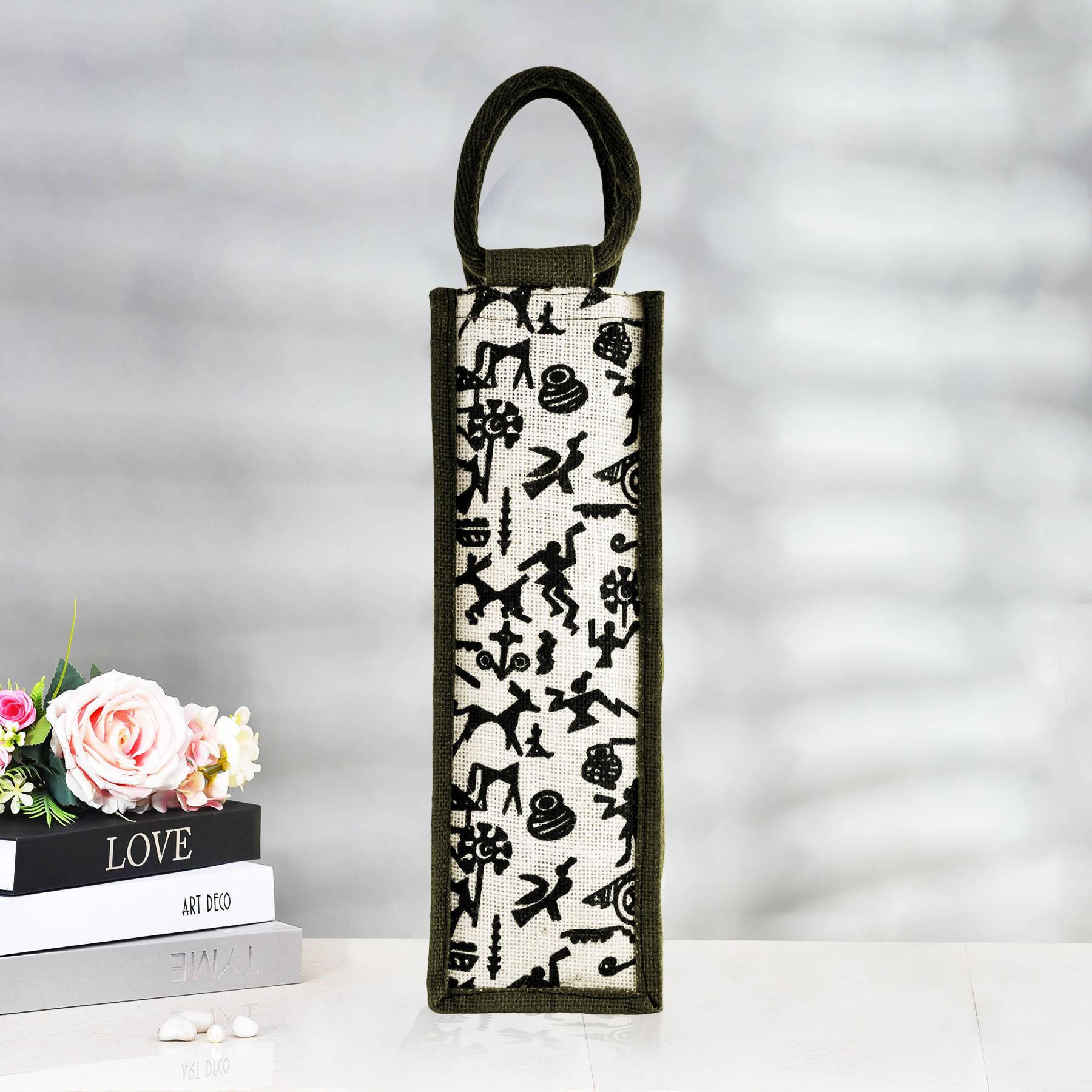 Kuber Industries Bottle Bag | Jute Carry Bag | Water Bottle Cover | Wine Bottle Bag | Reusable Bottle Bag with Handle | Bottle Bag for Office | Warli-Print Gift Bag | Green