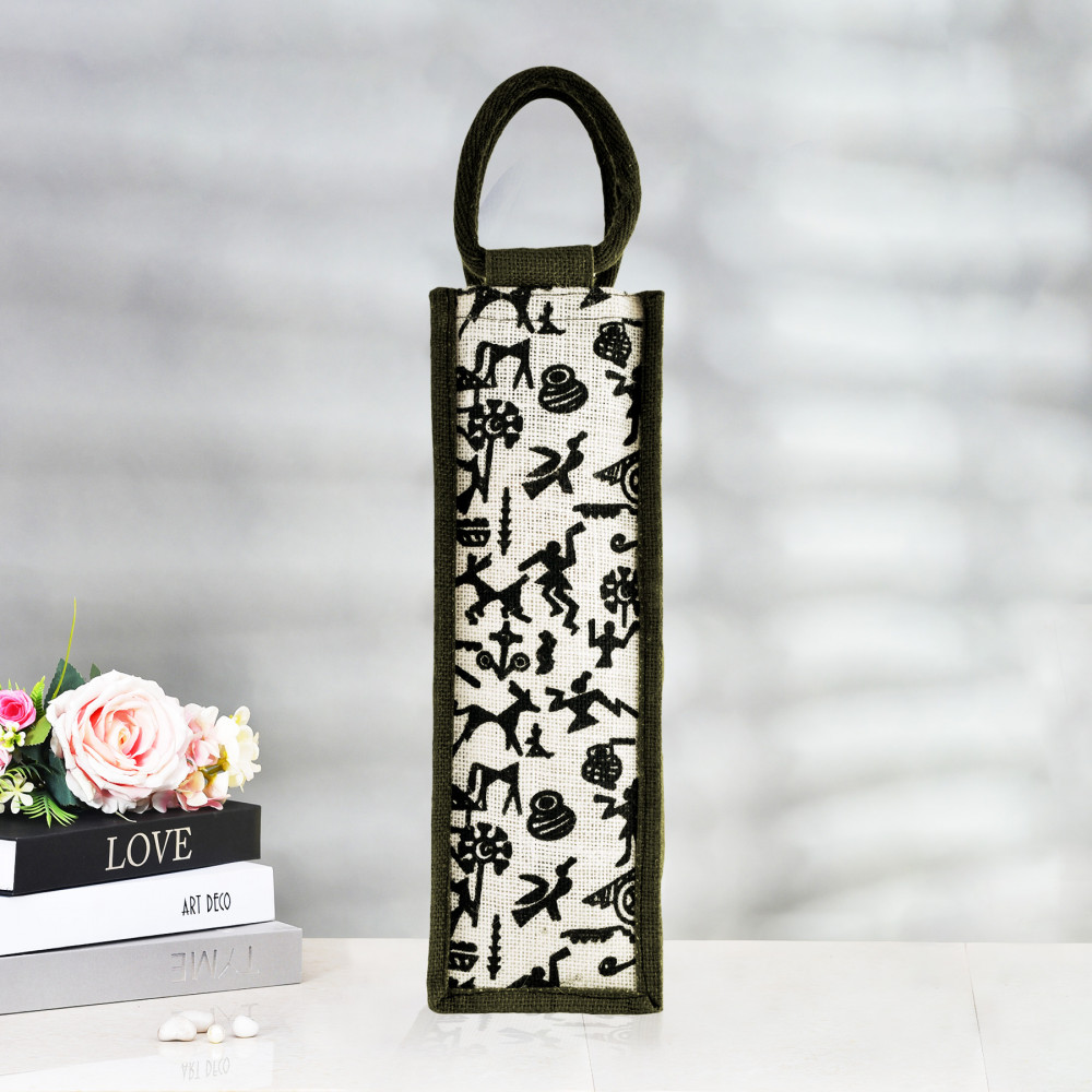Kuber Industries Bottle Bag | Jute Carry Bag | Water Bottle Cover | Wine Bottle Bag | Reusable Bottle Bag with Handle | Bottle Bag for Office | Warli-Print Gift Bag | Green