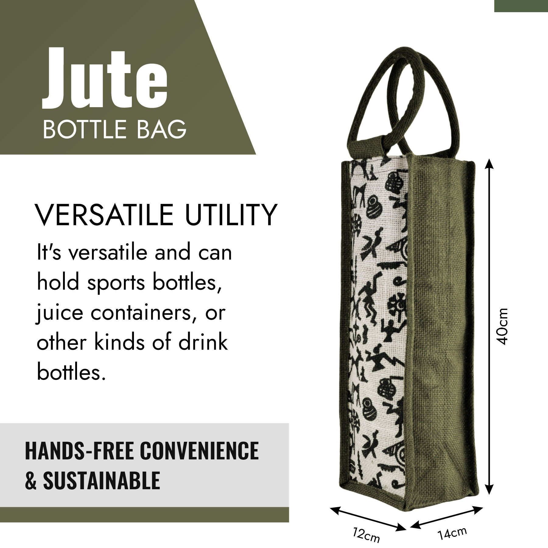 Kuber Industries Bottle Bag | Jute Carry Bag | Water Bottle Cover | Wine Bottle Bag | Reusable Bottle Bag with Handle | Bottle Bag for Office | Warli-Print Gift Bag | Green