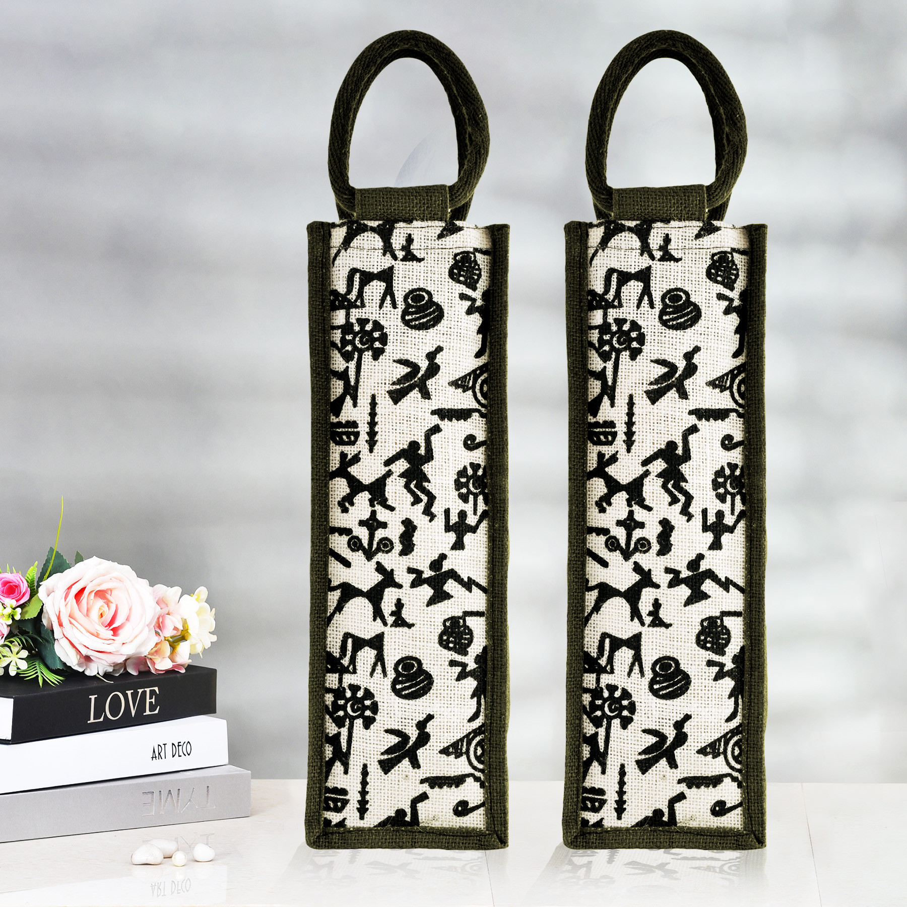Kuber Industries Bottle Bag | Jute Carry Bag | Water Bottle Cover | Wine Bottle Bag | Reusable Bottle Bag with Handle | Bottle Bag for Office | Warli-Print Gift Bag | Green
