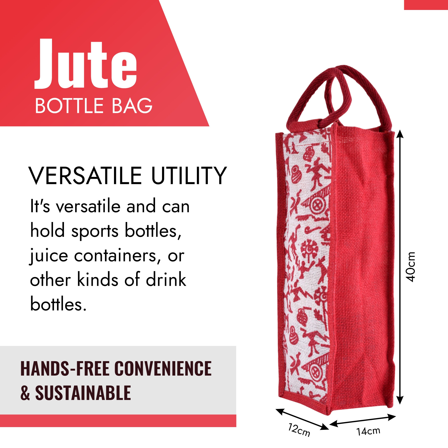 Kuber Industries Bottle Bag | Jute Carry Bag | Water Bottle Cover | Wine Bottle Bag | Reusable Bottle Bag with Handle | Bottle Bag for Office | Warli-Print Gift Bag | Pack of 2 | Multi