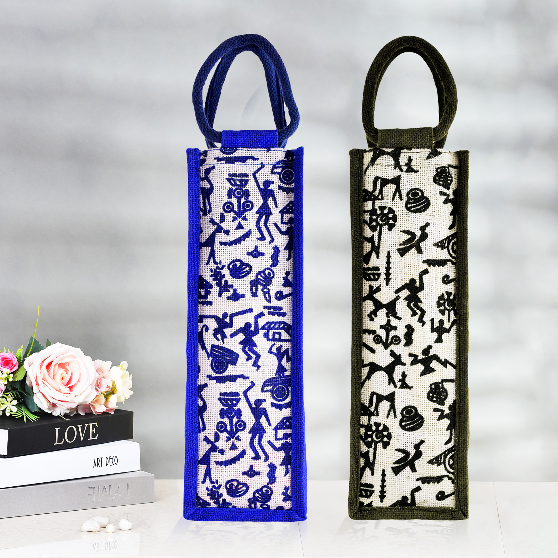 Kuber Industries Bottle Bag | Jute Carry Bag | Water Bottle Cover | Wine Bottle Bag | Reusable Bottle Bag with Handle | Bottle Bag for Office | Warli-Print Gift Bag | Pack of 2 | Multi