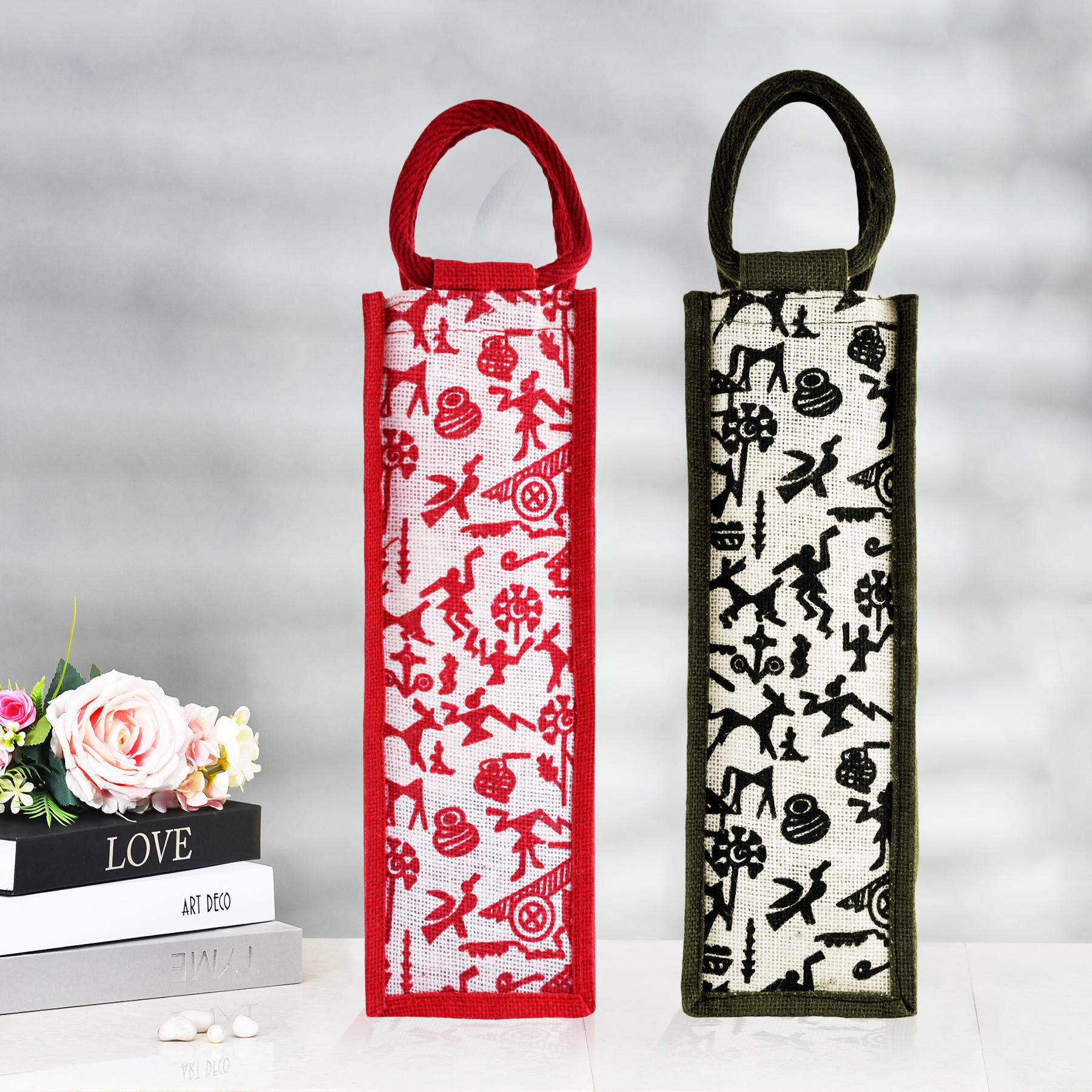 Kuber Industries Bottle Bag | Jute Carry Bag | Water Bottle Cover | Wine Bottle Bag | Reusable Bottle Bag with Handle | Bottle Bag for Office | Warli-Print Gift Bag | Pack of 2 | Multi