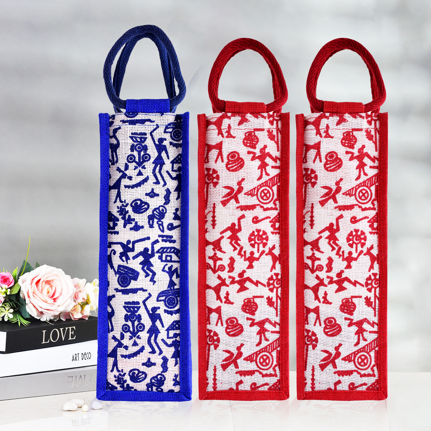 Kuber Industries Bottle Bag | Jute Carry Bag | Water Bottle Cover | Wine Bottle Bag | Reusable Bottle Bag with Handle | Bottle Bag for Office | Warli-Print Gift Bag | Pack of 3 | Multi