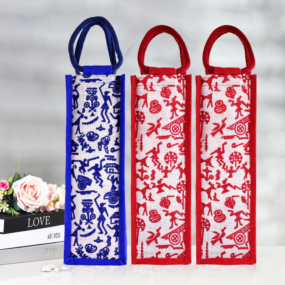 Kuber Industries Bottle Bag | Jute Carry Bag | Water Bottle Cover | Wine Bottle Bag | Reusable Bottle Bag with Handle | Bottle Bag for Office | Warli-Print Gift Bag | Pack of 3 | Multi