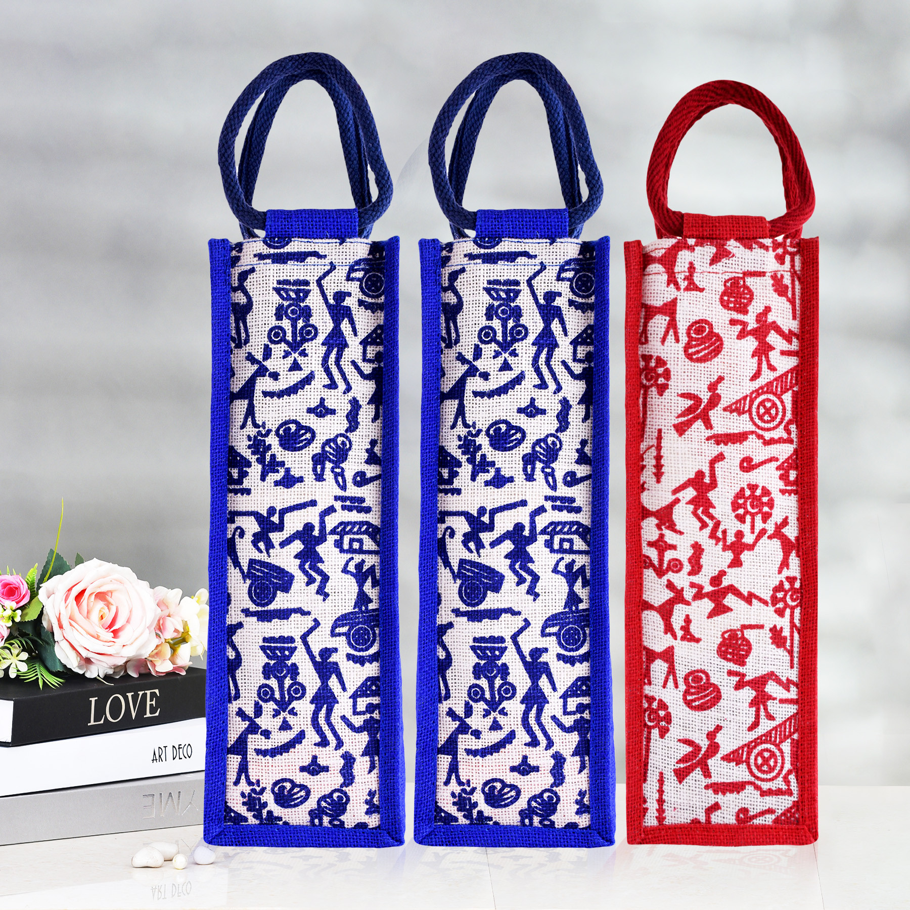 Kuber Industries Bottle Bag | Jute Carry Bag | Water Bottle Cover | Wine Bottle Bag | Reusable Bottle Bag with Handle | Bottle Bag for Office | Warli-Print Gift Bag | Pack of 3 | Multi