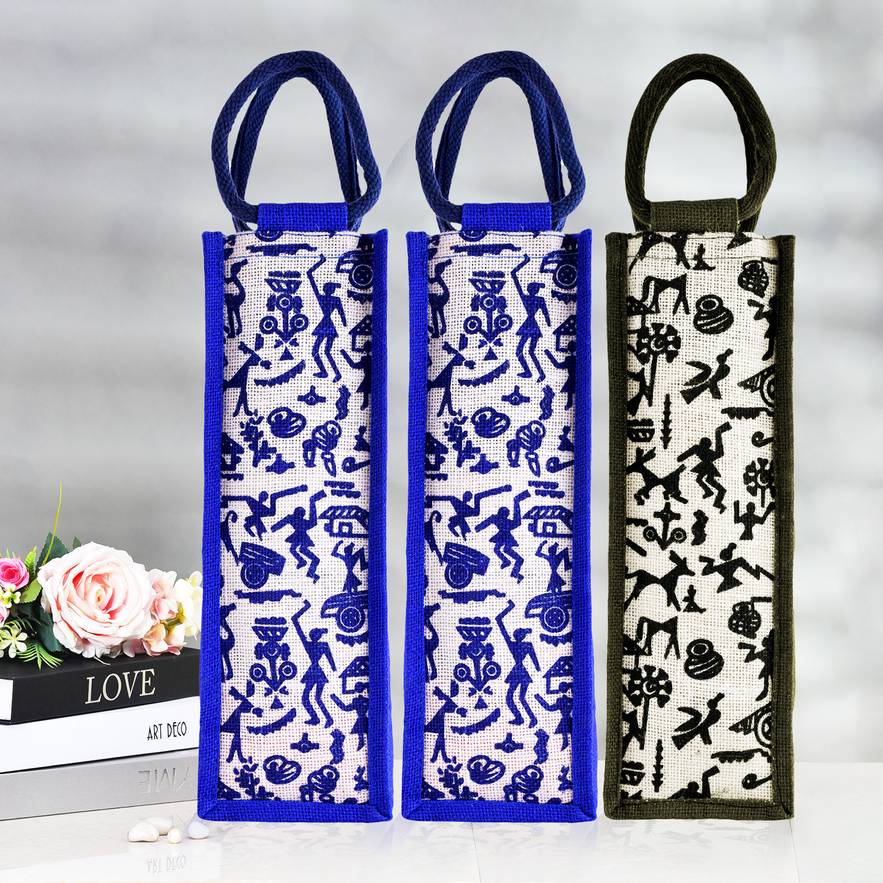 Kuber Industries Bottle Bag | Jute Carry Bag | Water Bottle Cover | Wine Bottle Bag | Reusable Bottle Bag with Handle | Bottle Bag for Office | Warli-Print Gift Bag | Pack of 3 | Multi