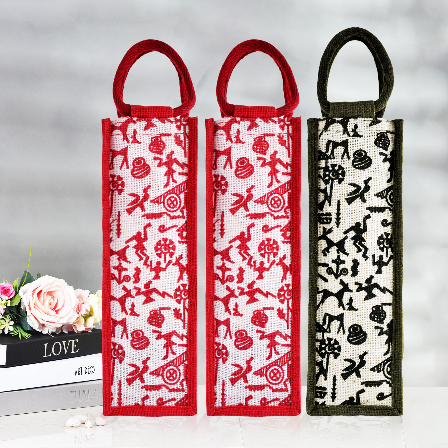 Kuber Industries Bottle Bag Jute Carry Bag Water Bottle Cover Wine Bottle Bag Reusable Bottle Bag with Handle Bottle Bag for Office Warli Print Gift Bag Pack of 3 Multi