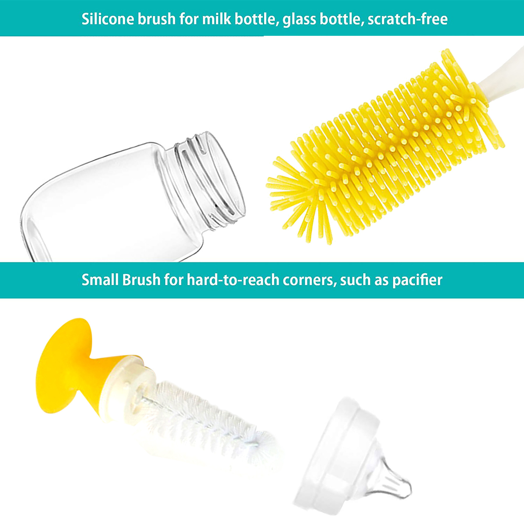 Kuber Industries Bottle Brush  Long Handle Bottle Brush  Silicone Bottle Cleaner Brush Set  Baby Feeding Bottle Cleaning Brush  Nipple Cleaner with Suction Base  Yellow