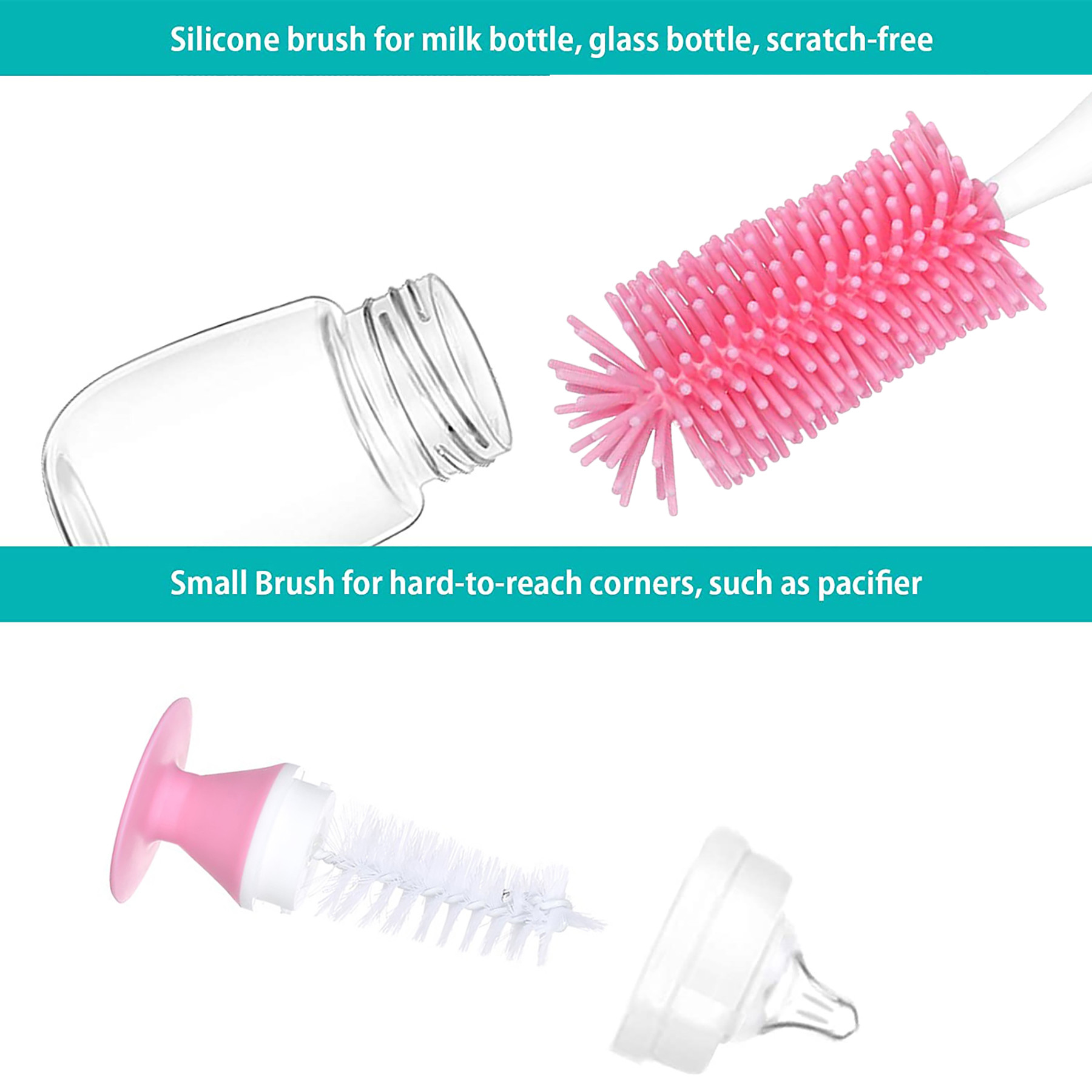 Kuber Industries Bottle Brush  Long Handle Bottle Brush  Silicone Bottle Cleaner Brush Set  Baby Feeding Bottle Cleaning Brush  Nipple Cleaner with Suction Base  Pink