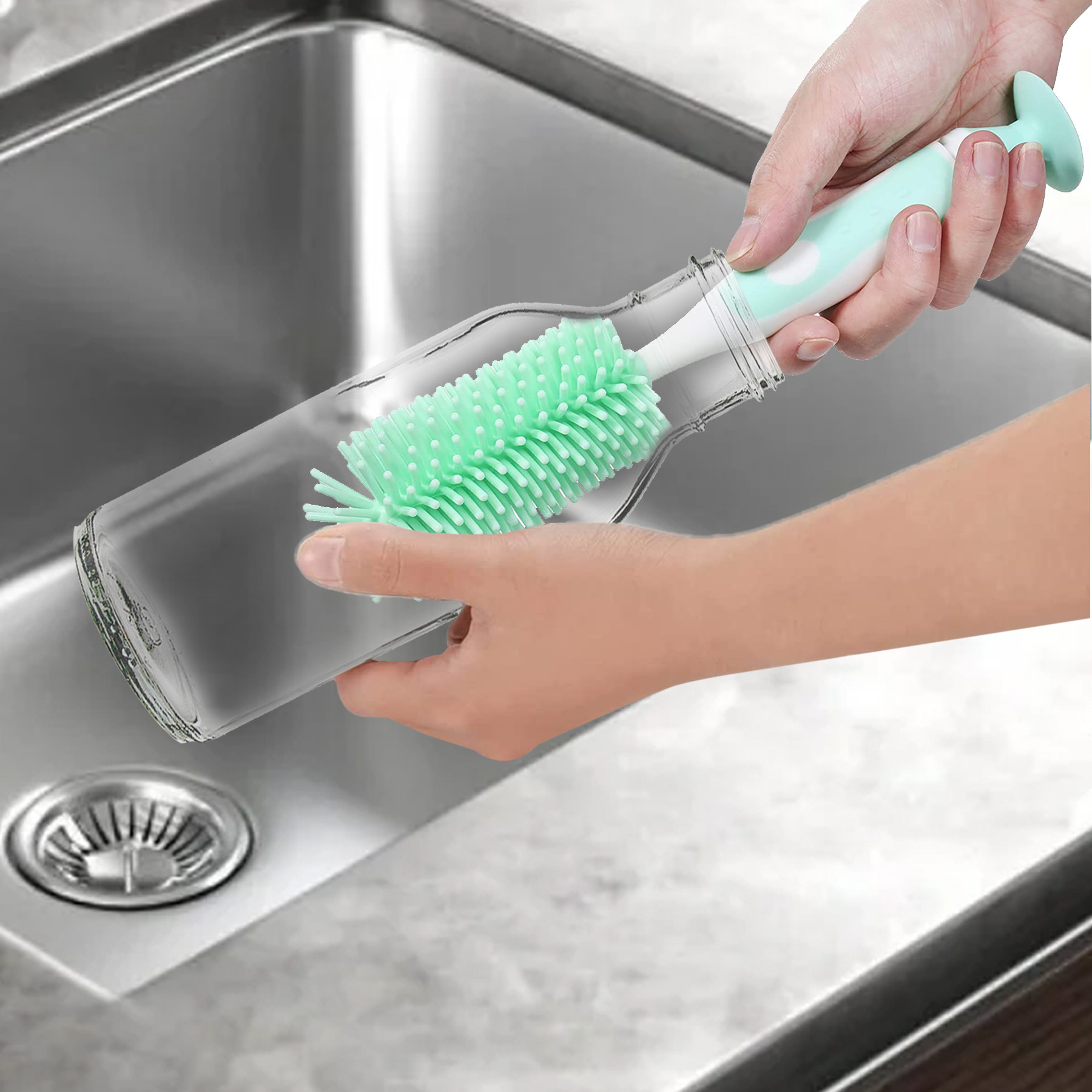 Kuber Industries Bottle Brush  Long Handle Bottle Brush  Silicone Bottle Cleaner Brush Set  Baby Feeding Bottle Cleaning Brush  Nipple Cleaner with Suction Base  Green