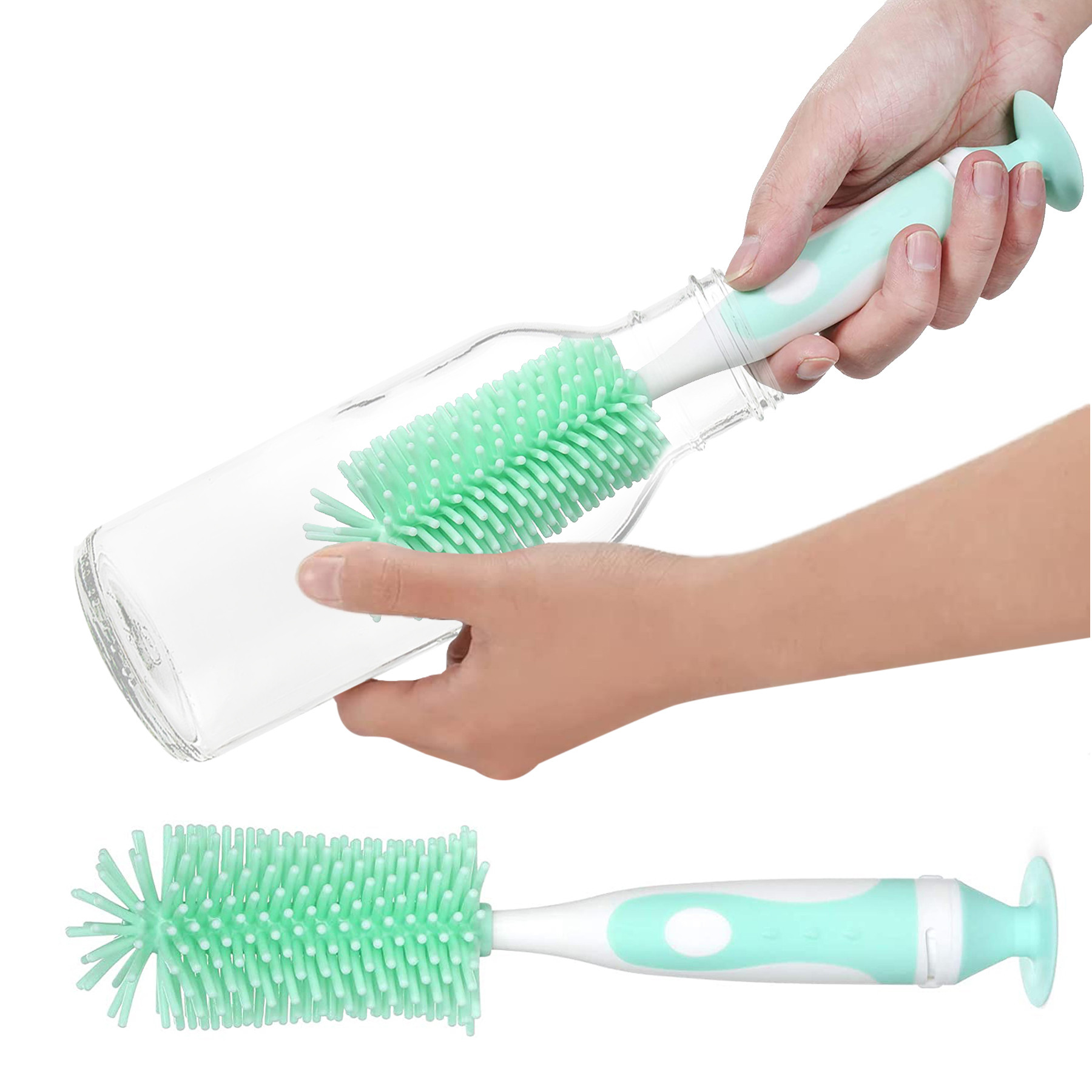 Kuber Industries Bottle Brush  Long Handle Bottle Brush  Silicone Bottle Cleaner Brush Set  Baby Feeding Bottle Cleaning Brush  Nipple Cleaner with Suction Base  Green