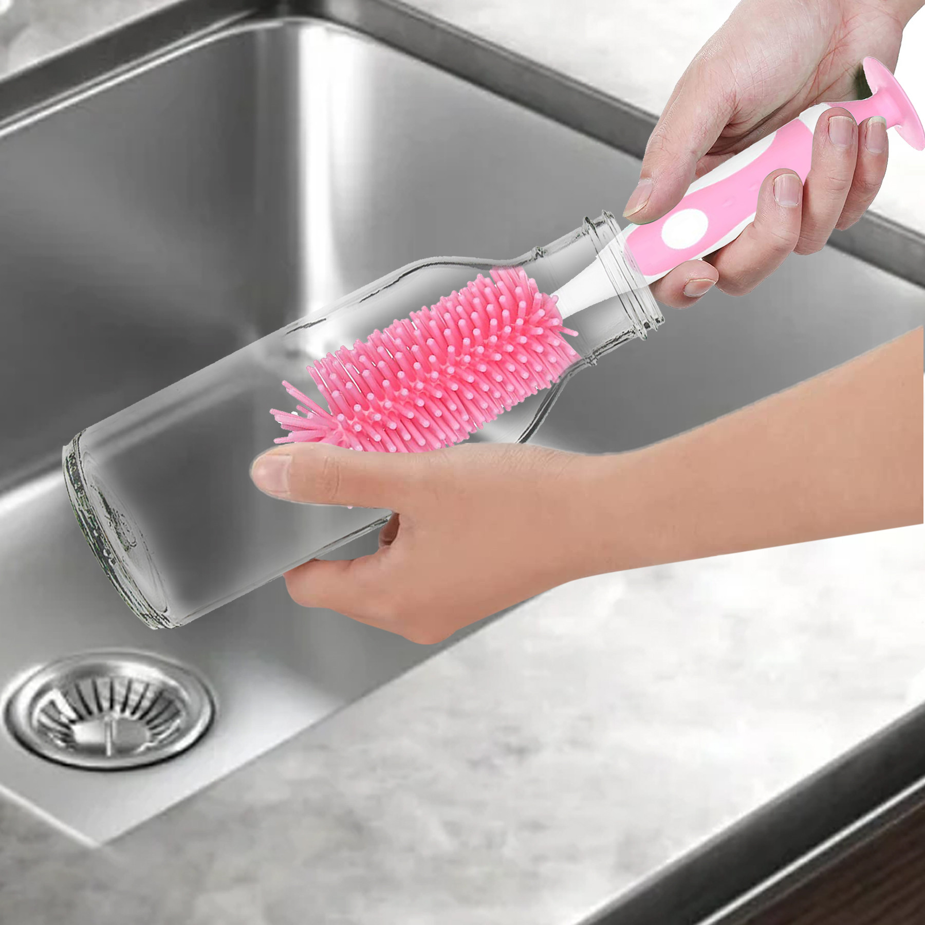 Kuber Industries Bottle Brush  Long Handle Bottle Brush  Silicone Bottle Cleaner Brush Set  Baby Feeding Bottle Cleaning Brush  Nipple Cleaner with Suction Base  Pink