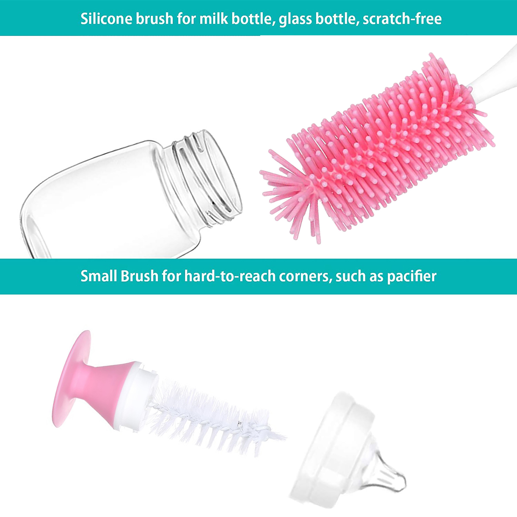 Kuber Industries Bottle Brush | Long Handle Bottle Brush | Silicone Bottle Cleaner Brush Set | Baby Feeding Bottle Cleaning Brush | Nipple Cleaner with Suction Base | Pink