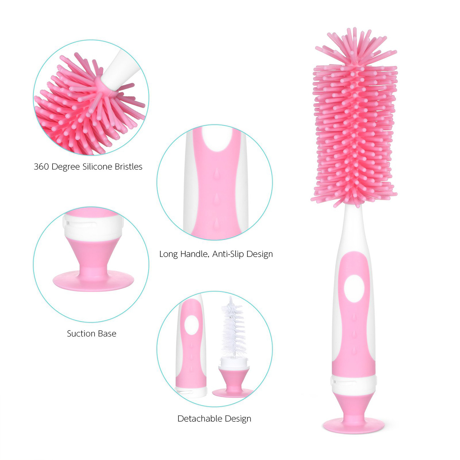 Kuber Industries Bottle Brush | Long Handle Bottle Brush | Silicone Bottle Cleaner Brush Set | Baby Feeding Bottle Cleaning Brush | Nipple Cleaner with Suction Base | Pink