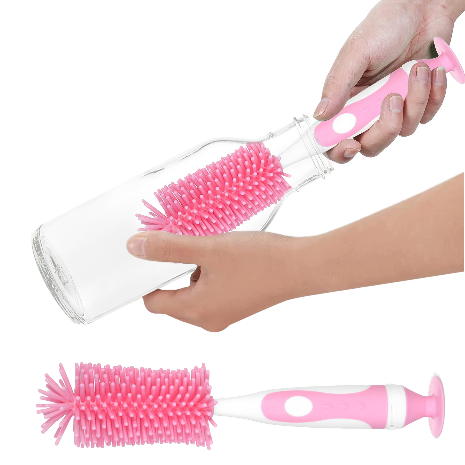 Kuber Industries Bottle Brush  Long Handle Bottle Brush  Silicone Bottle Cleaner Brush Set  Baby Feeding Bottle Cleaning Brush  Nipple Cleaner with Suction Base  Pink