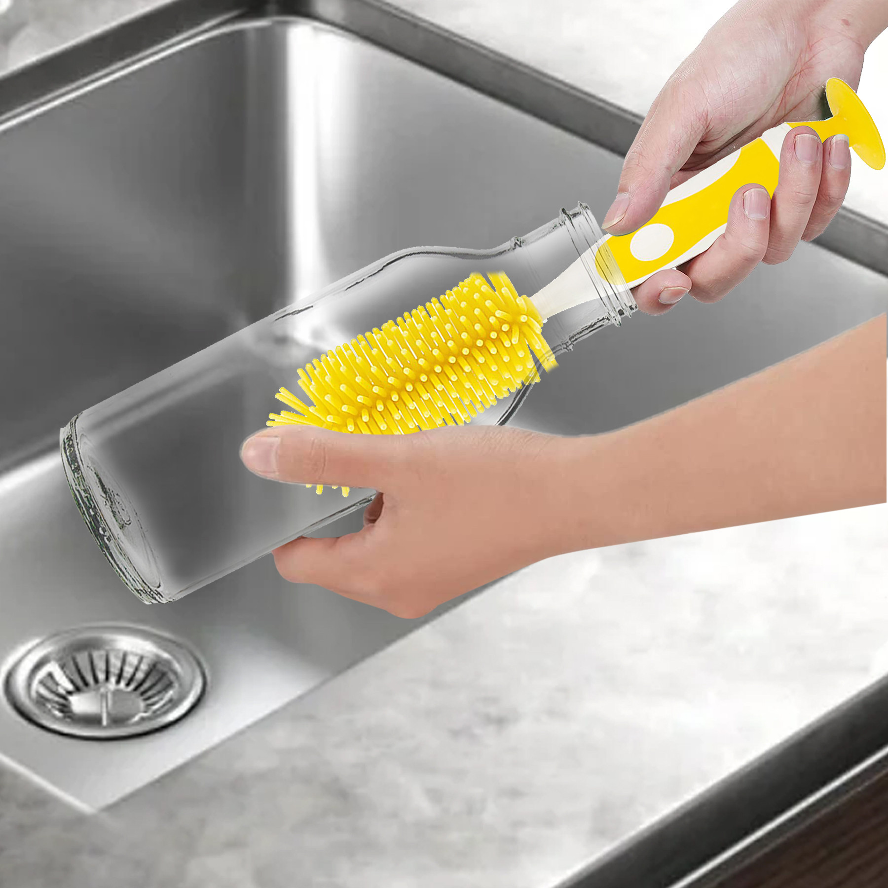 Kuber Industries Bottle Brush  Long Handle Bottle Brush  Silicone Bottle Cleaner Brush Set  Baby Feeding Bottle Cleaning Brush  Nipple Cleaner with Suction Base  Yellow