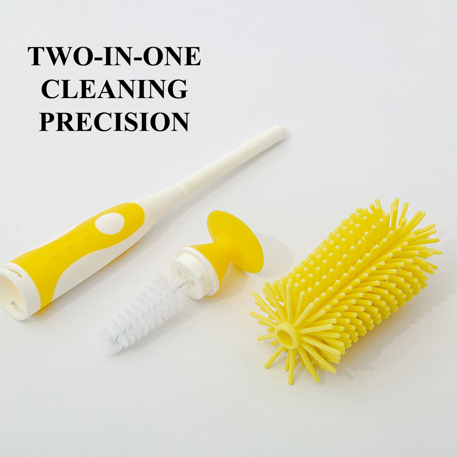 Kuber Industries Bottle Brush | Long Handle Bottle Brush | Silicone Bottle Cleaner Brush Set | Baby Feeding Bottle Cleaning Brush | Nipple Cleaner with Suction Base | Yellow