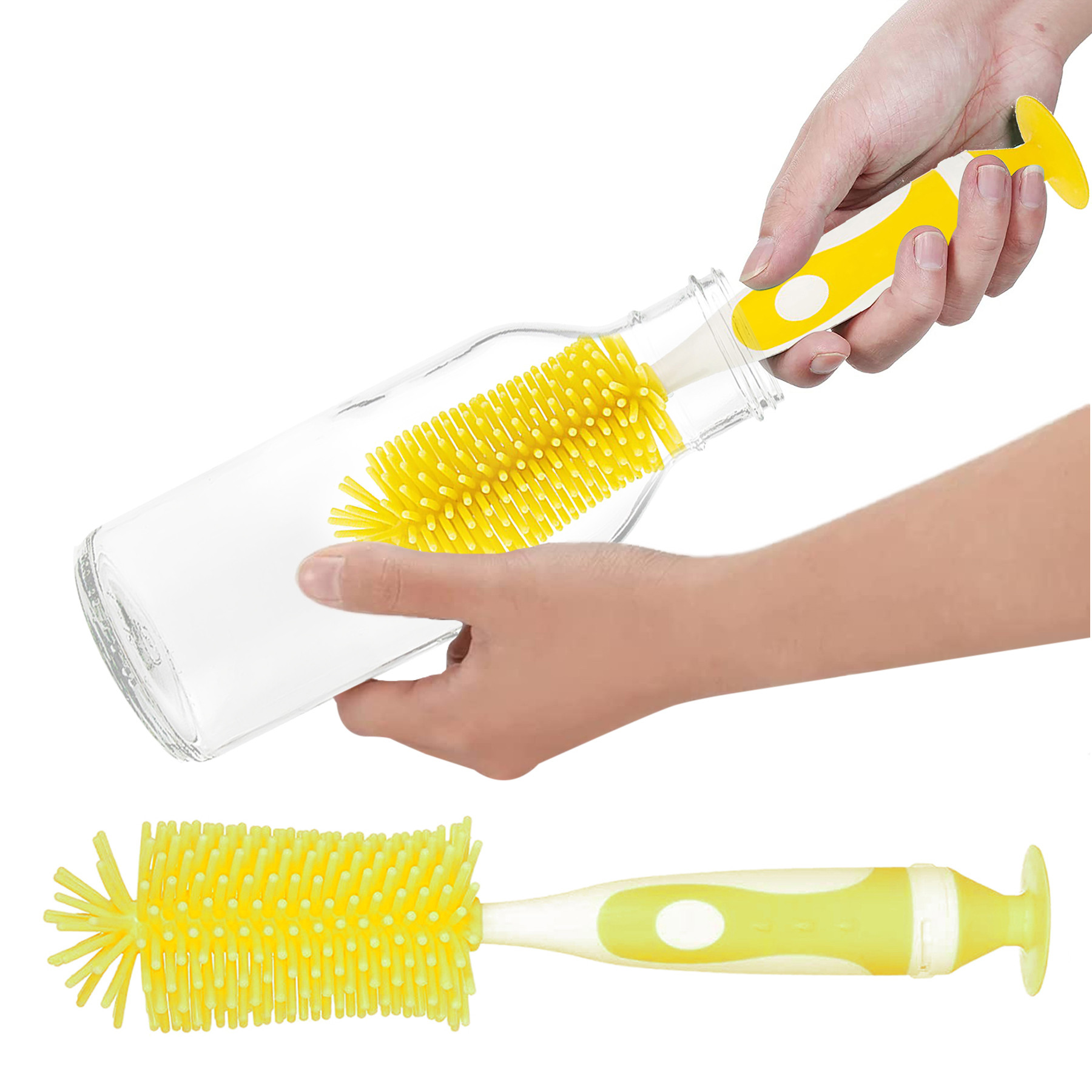 Kuber Industries Bottle Brush | Long Handle Bottle Brush | Silicone Bottle Cleaner Brush Set | Baby Feeding Bottle Cleaning Brush | Nipple Cleaner with Suction Base | Yellow