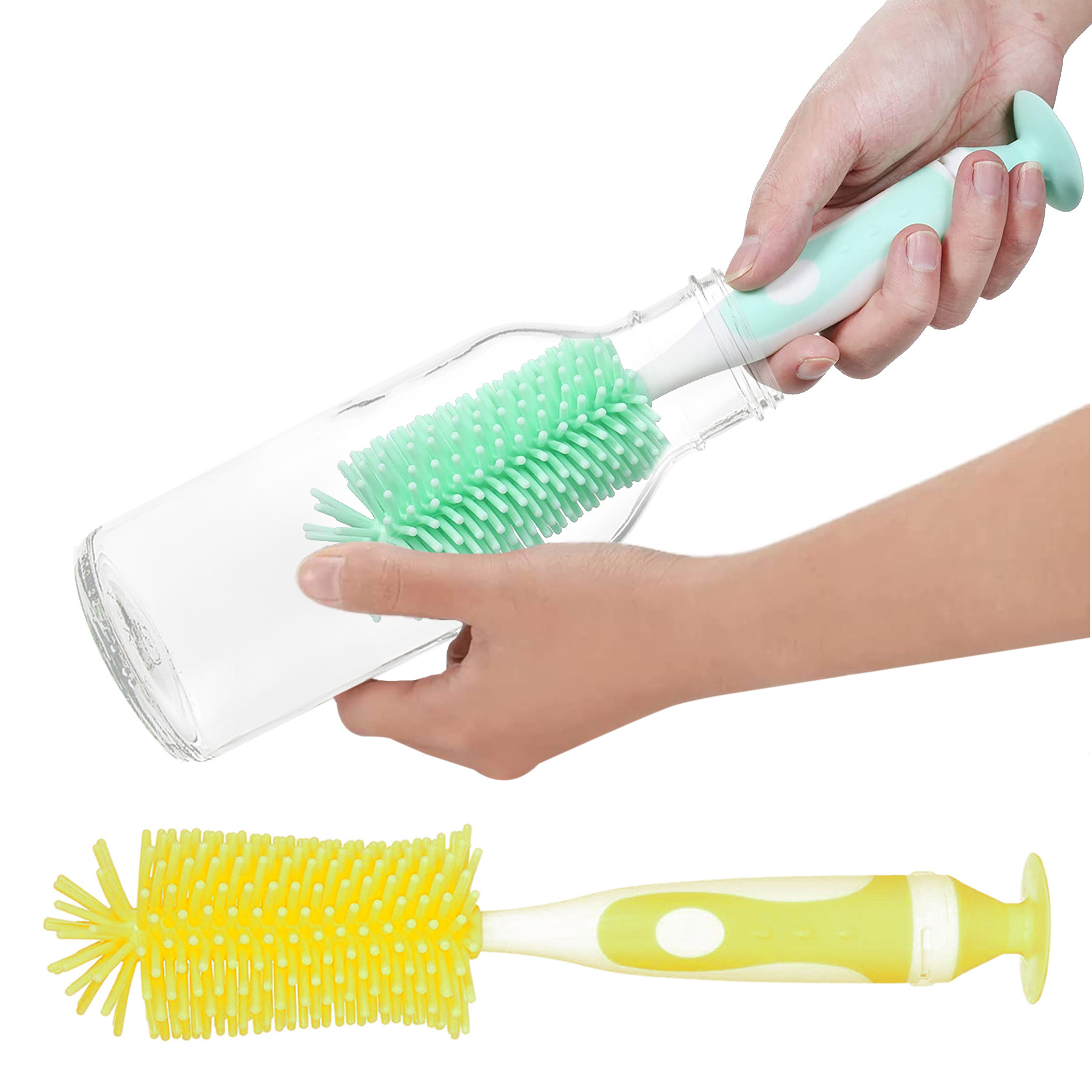 Kuber Industries Bottle Brush  Long Handle Bottle Brush  Silicone Bottle Cleaner Brush Set  Baby Feeding Bottle Cleaning Brush  Nipple Cleaner with Suction Base  Pack of 2  Multicolor