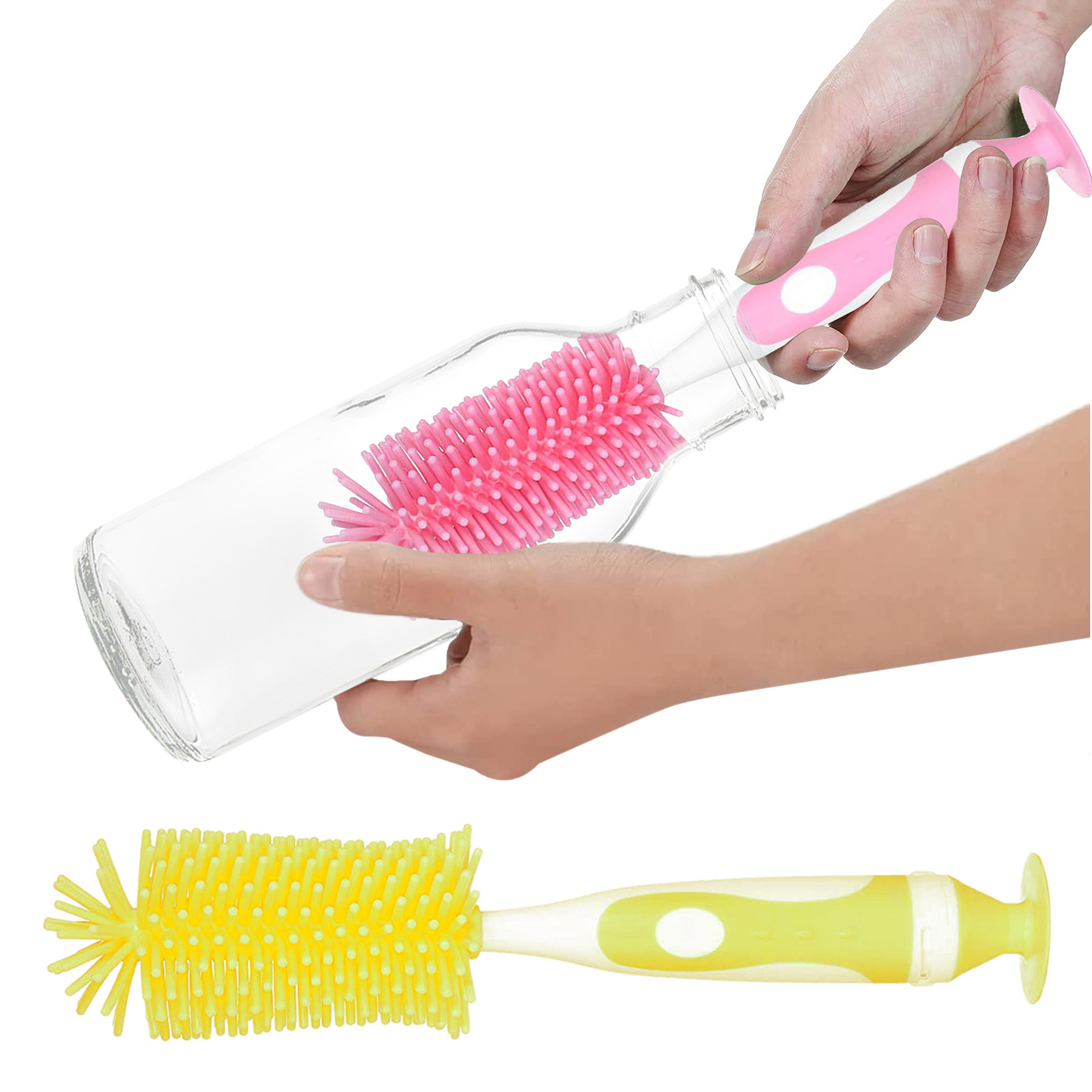 Kuber Industries Bottle Brush | Long Handle Bottle Brush | Silicone Bottle Cleaner Brush Set | Baby Feeding Bottle Cleaning Brush | Nipple Cleaner with Suction Base | Pack of 2 | Multicolor