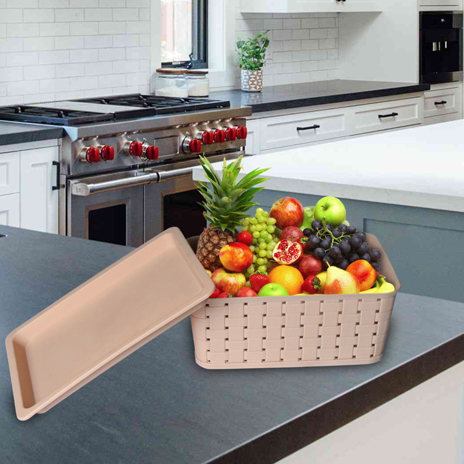 Kuber Industries BPA Free Attractive Design Multipurpose Large Trendy Storage Basket With Lid|Material-Plastic|Color-Beige