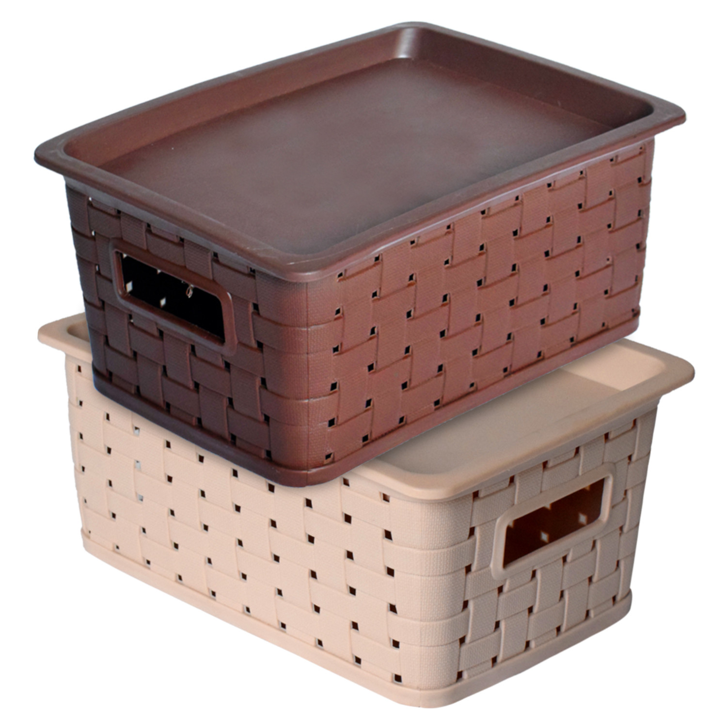 Kuber Industries BPA Free Attractive Design Multipurpose Large Trendy Storage Basket With Lid|Material-Plastic|Color-Brown,Beige|Pack of 2