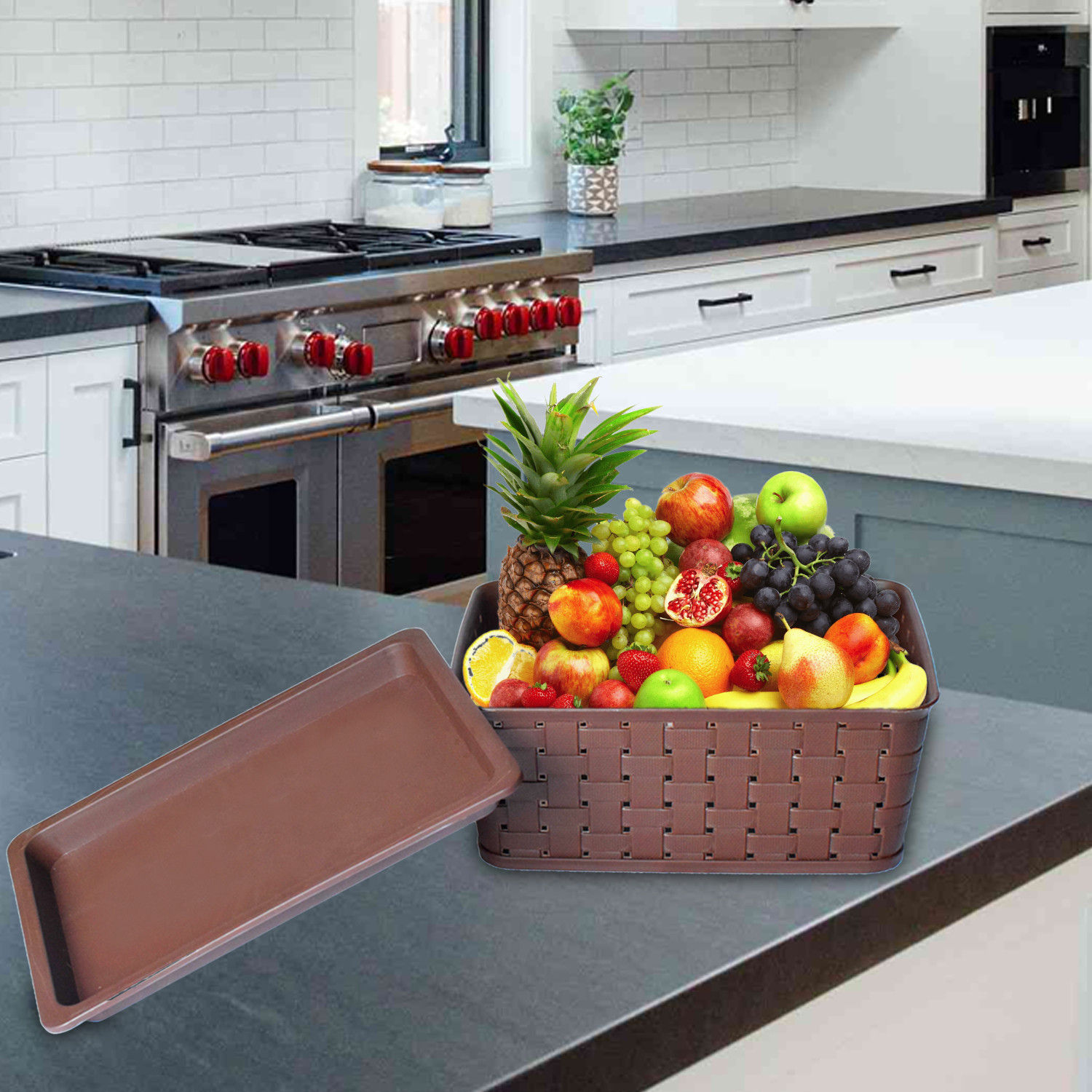 Kuber Industries BPA Free Attractive Design Multipurpose Large Trendy Storage Basket With Lid|Material-Plastic|Color-Brown,Grey|Pack of 2